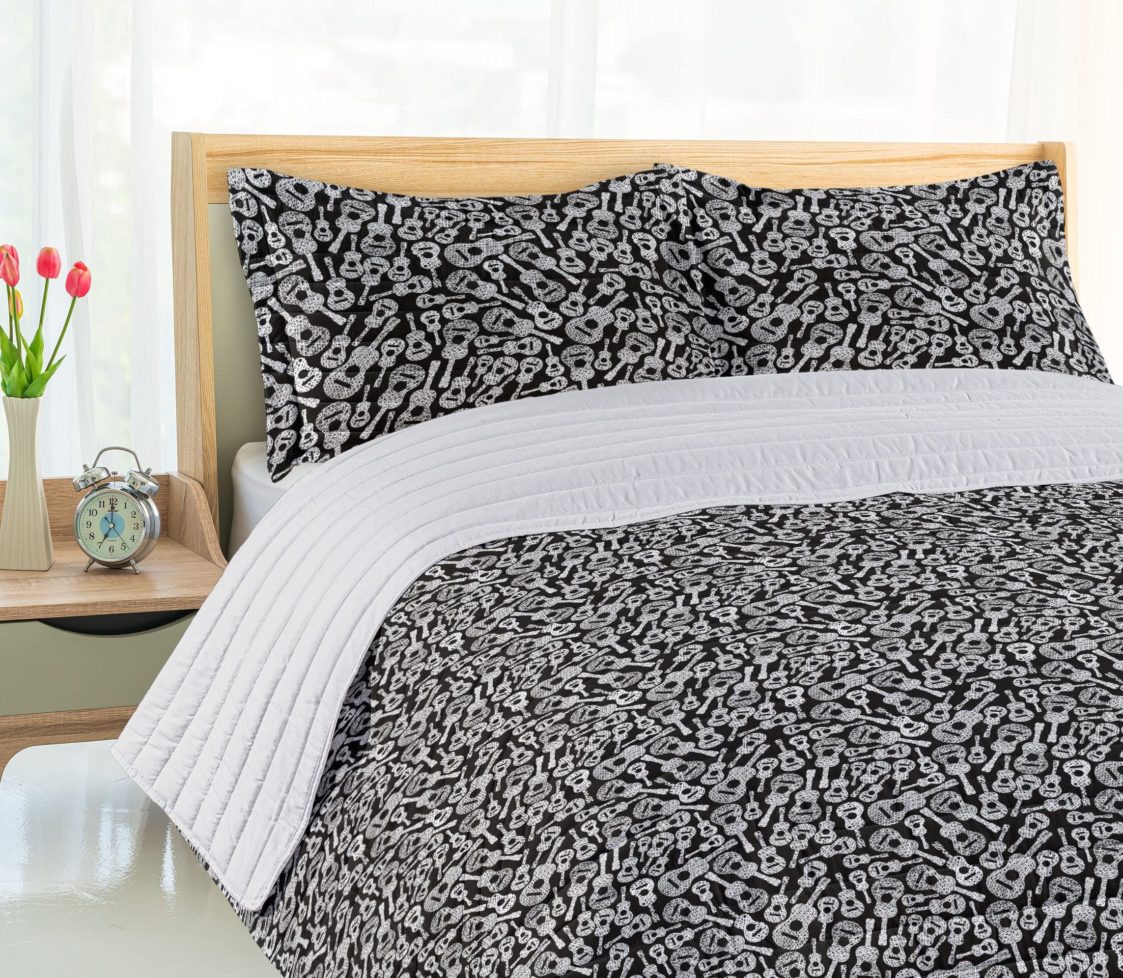 Ambesonne Black and White Microfiber Bedspread Set - Abstract Guitar Design with Grunge Effect, Soft King Size Comforter with Pillow Shams | Music Lover Bedroom Decor, Cozy Modern Bedding for Guest Rooms & Master Suites