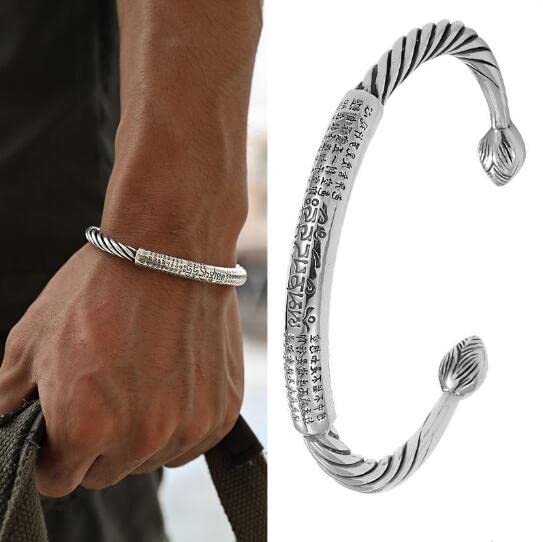 Six Character Mantra Bracelet for Men - Heart Sutra Open Adjustable Buddhist Wristband, Retro Twisted Rope Bracelet with Spiritual Protection - Perfect for Meditation, Yoga, and Daily Wear