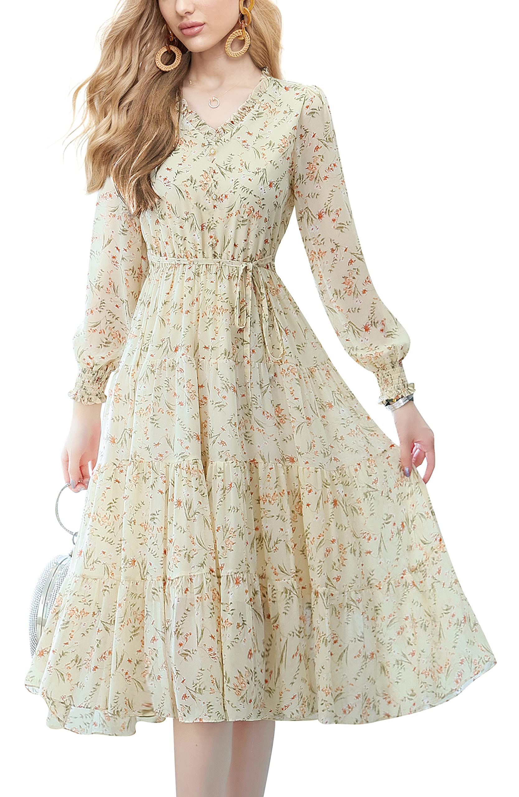 Floral Print A-Line Midi Dress for Women - V-Neck Ruffle Casual Summer Dress | Perfect for Beach Vacations, Garden Parties & Date Nights