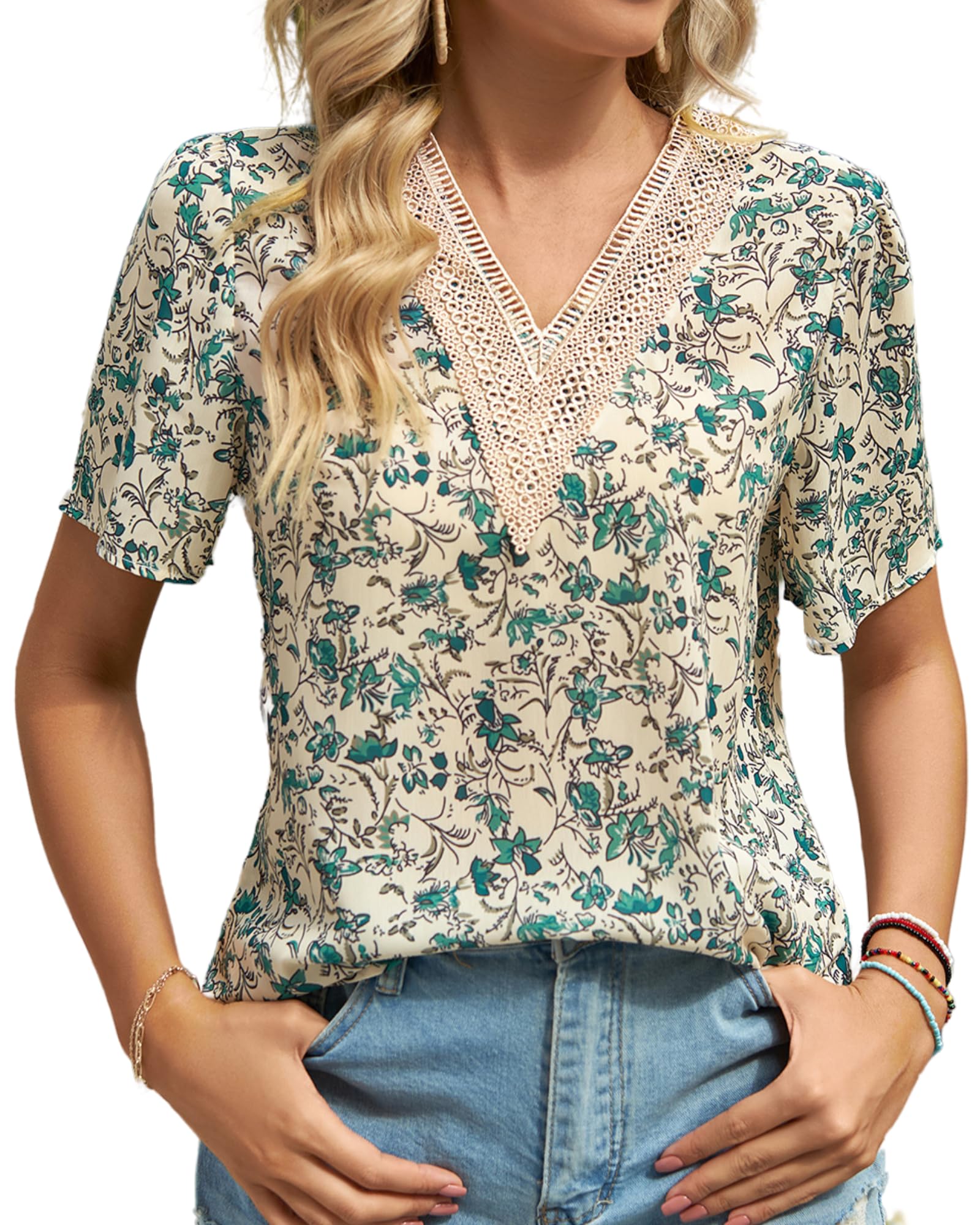 Boho Floral V-Neck Blouse for Women - Trendy Short Sleeve Summer Top for Casual & Dressy Outfits | Perfect for Beach Vacations, Music Festivals & Date Nights