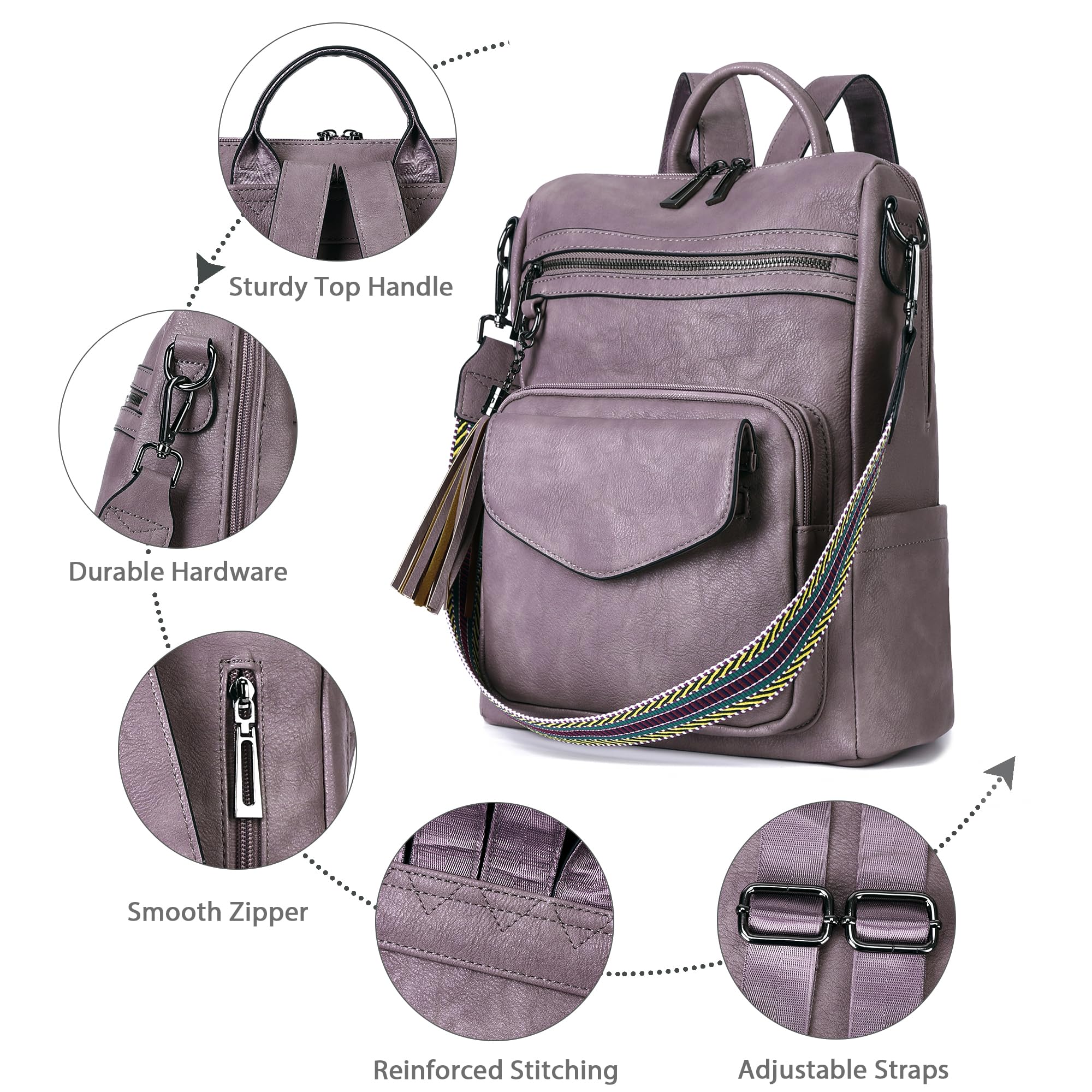 OPAGE Women's Leather Backpack Purse - Fashion Designer Travel Backpack with Shoulder Straps & Wristlet - Perfect for Work, School & Travel (Purple)
