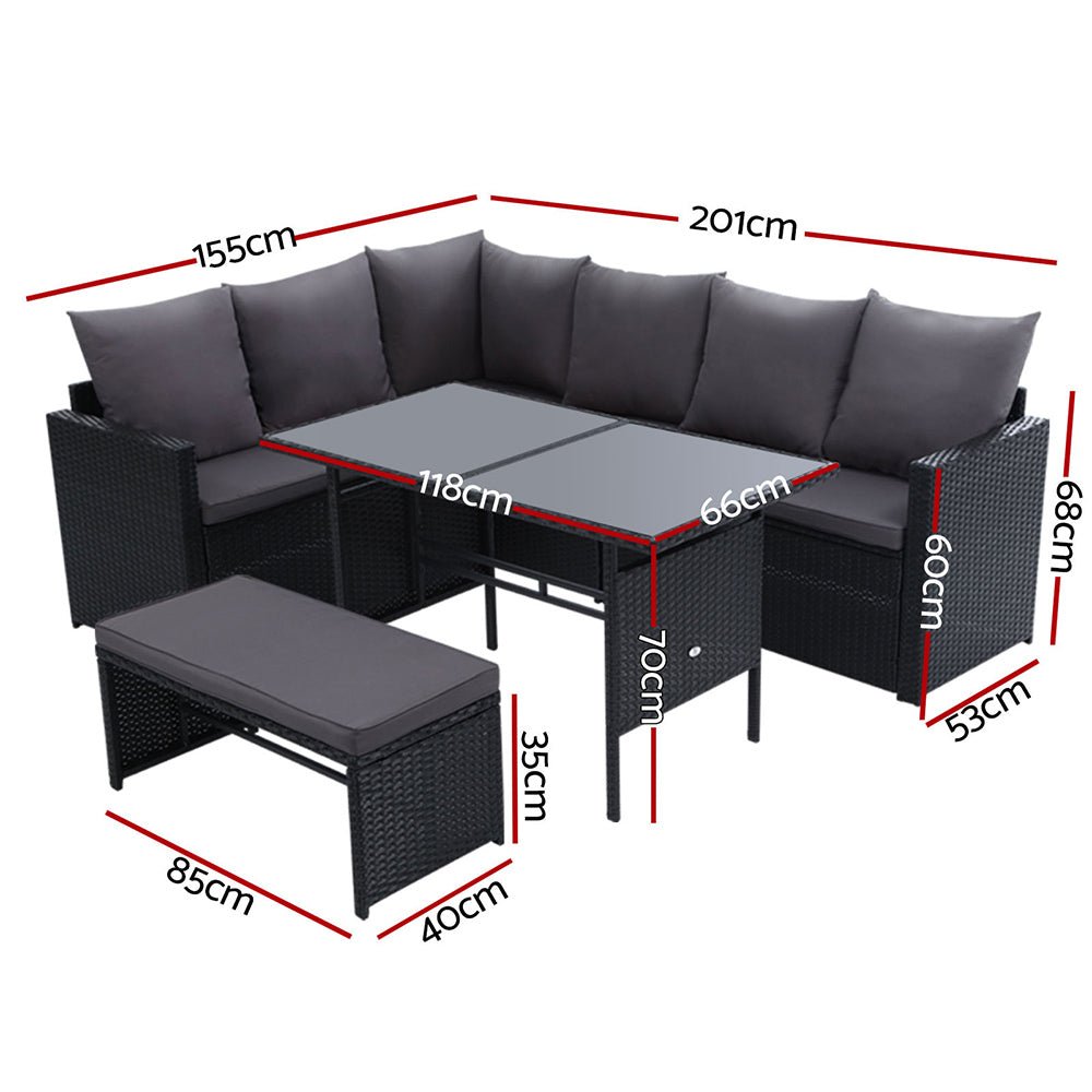 8-Piece Black Wicker Outdoor Patio Furniture Set - Durable Rattan Lounge Seating for Garden, Poolside, and Backyard Relaxation