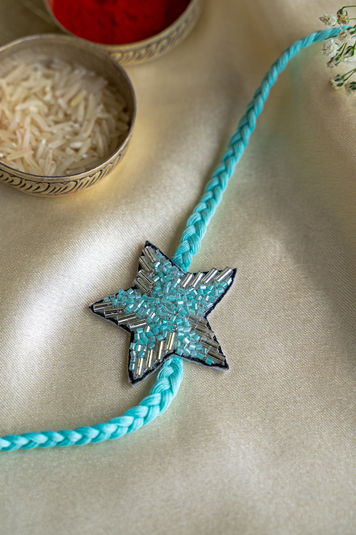 Sky Blue Star Embroidered Rakhi - Traditional Indian Bracelet for Raksha Bandhan Festival | Perfect Brother Sister Gift for Celebrations & Cultural Events