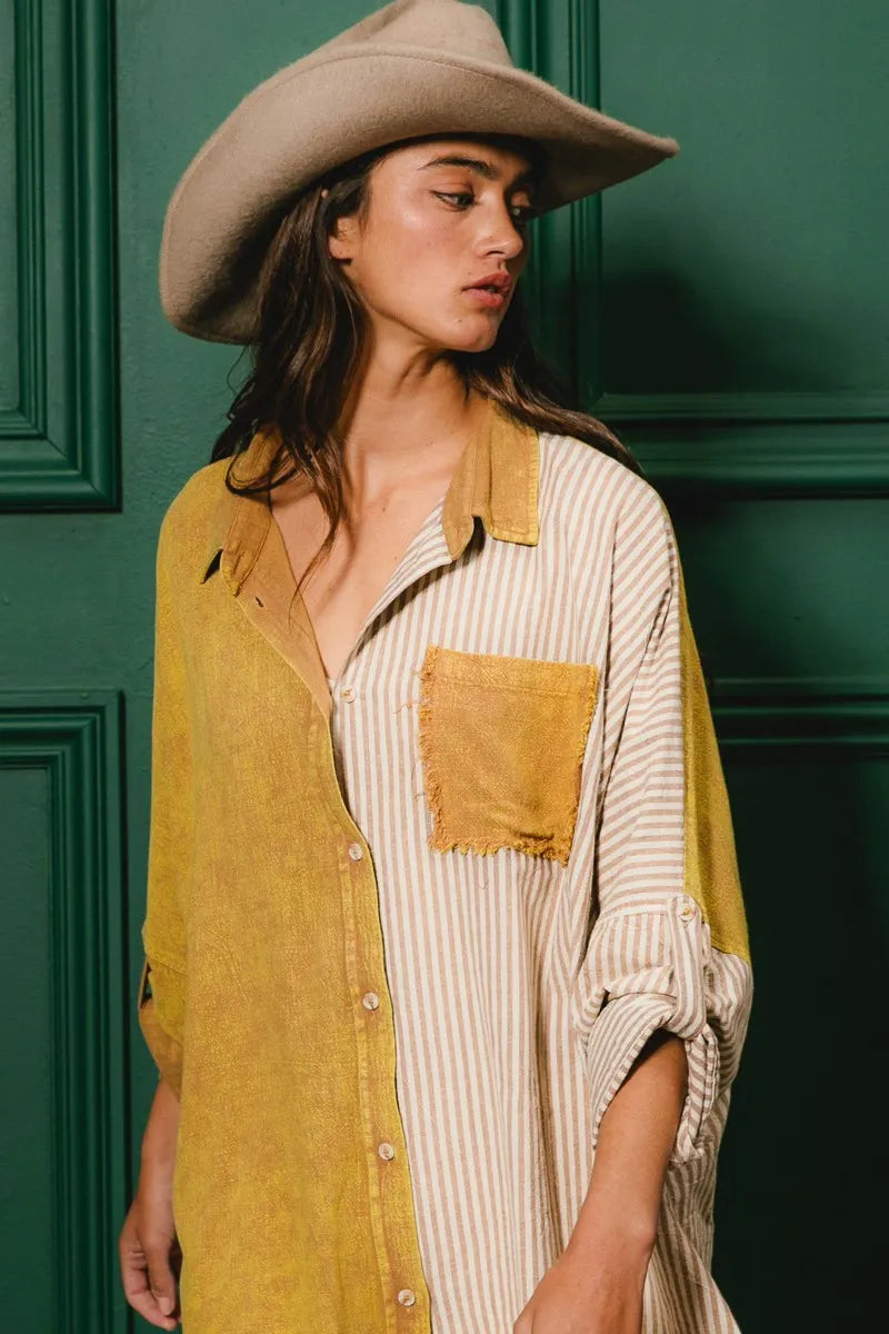 BiBi Washed Raw Hem Shirt - Trendy Distressed Denim Top for Women | Perfect for Casual Outings, Street Style & Layering