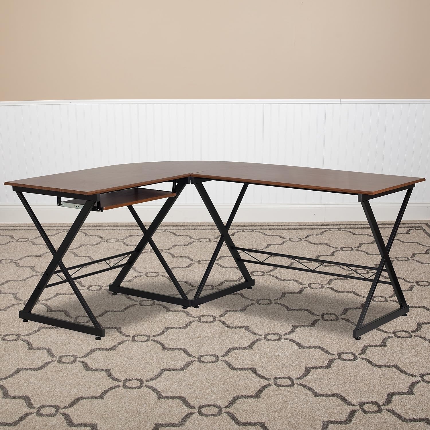 Flash Furniture Singleton Teakwood Laminate L-Shape Computer Desk with Pull-Out Keyboard Tray - Home Office Workstation for Small Spaces, Gaming & Study Desk with Ergonomic Design