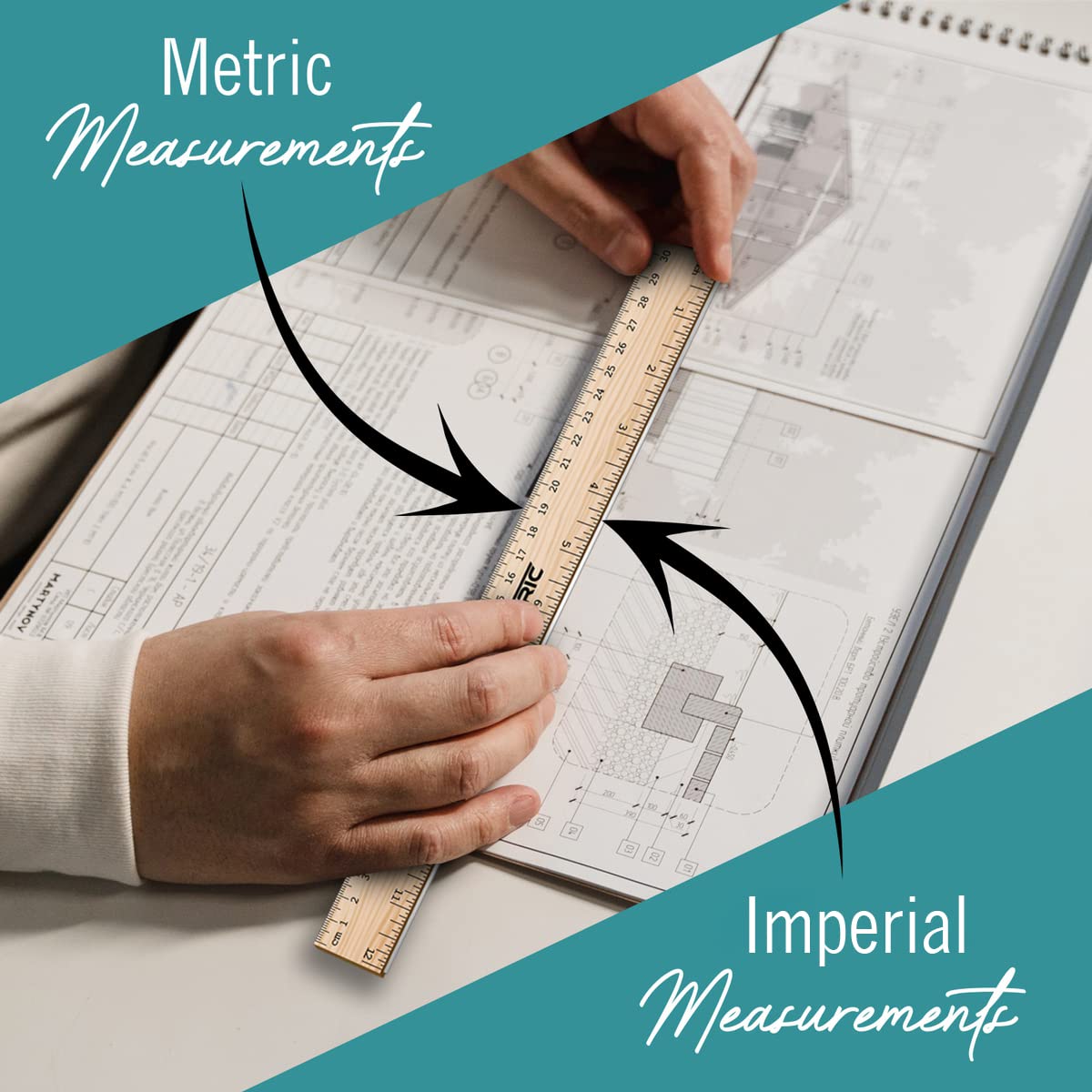 4-Pack 12 Inch Wood Rulers with Metal Edge - Durable School, Office & Home Measuring Tools for Students, Teachers & DIY Projects