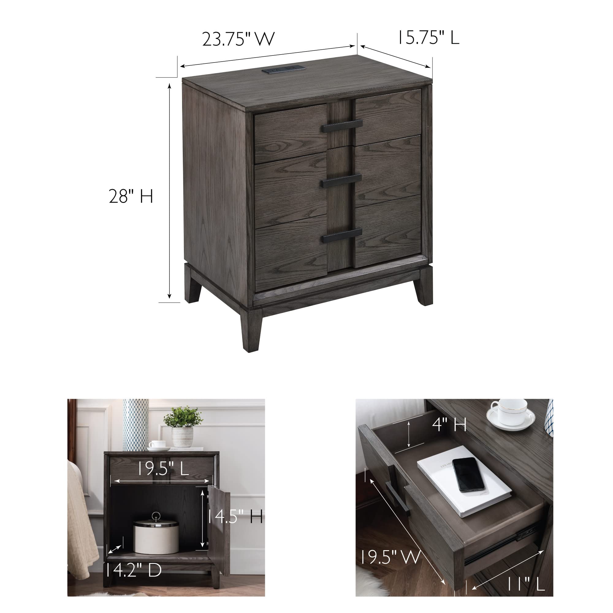 Leick Home 9075 Modern Nightstand with USB-C Fast Charging | 1-Drawer Side Table with Integrated AC/USB Ports | Durable Gray Oak Finish for Bedroom, Living Room & Office Use