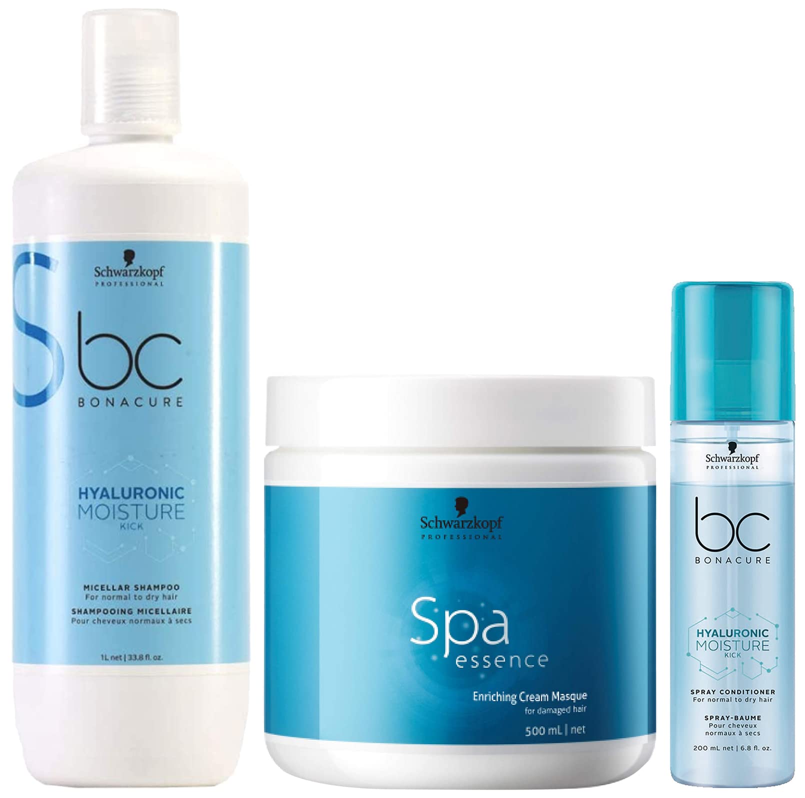 Schwarzkopf Professional Bonacure Moisture Kick Micellar Shampoo, Spa Essence Enriching Hair Mask & Moisture Spray Conditioner Set - Hydrating Hair Care System for Dry, Damaged Hair - Salon Quality Treatment at Home
