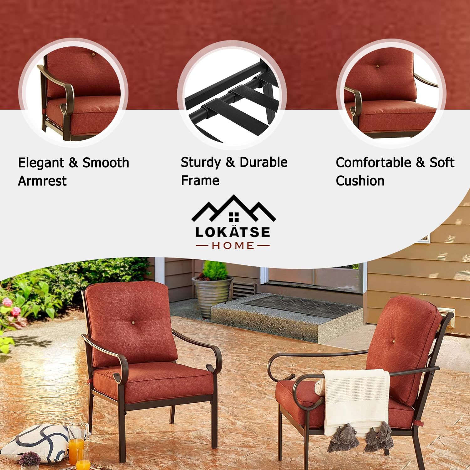 LOKATSE HOME Outdoor Patio Dining Set - 2 Metal Chairs with Cushions in Red | Weather-Resistant Conversation Furniture for Garden, Backyard & Poolside Relaxation
