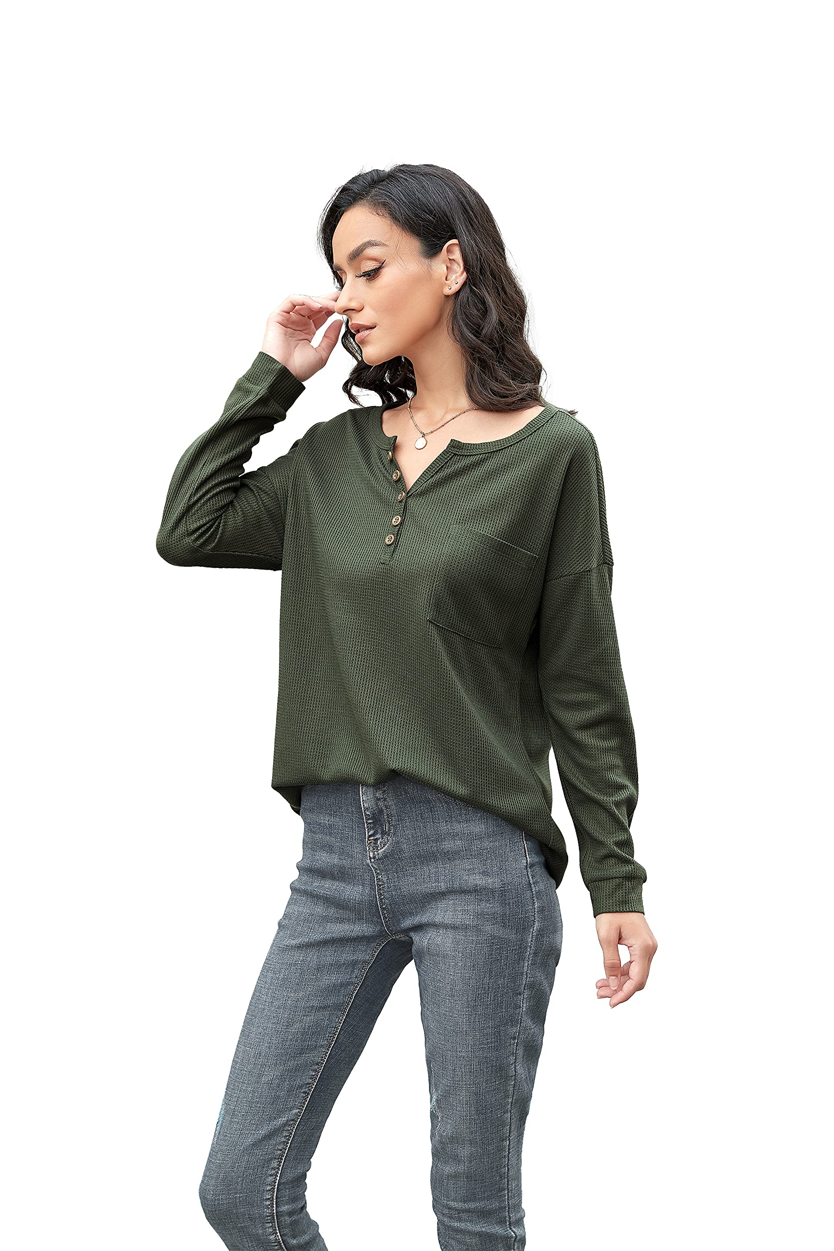 Iandroiy Women's Long Sleeve V-Neck Button Down Blouse - Waffle Knit Casual Tunic Top Shirt for Work, Date Night & Everyday Wear