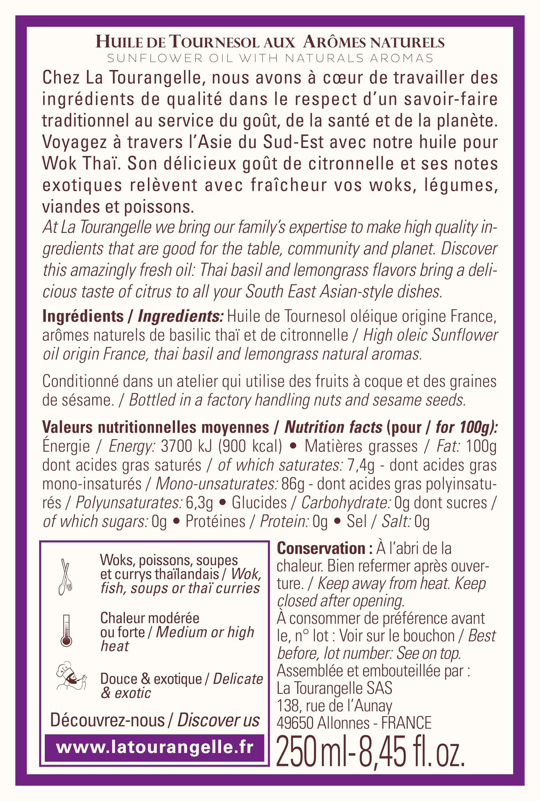 La Tourangelle Thai Wok Oil - Natural Sunflower Oil Infused with Thai Basil & Lemongrass - 250ml - Perfect for Stir-Fries, Asian Cooking & Flavorful Marinades