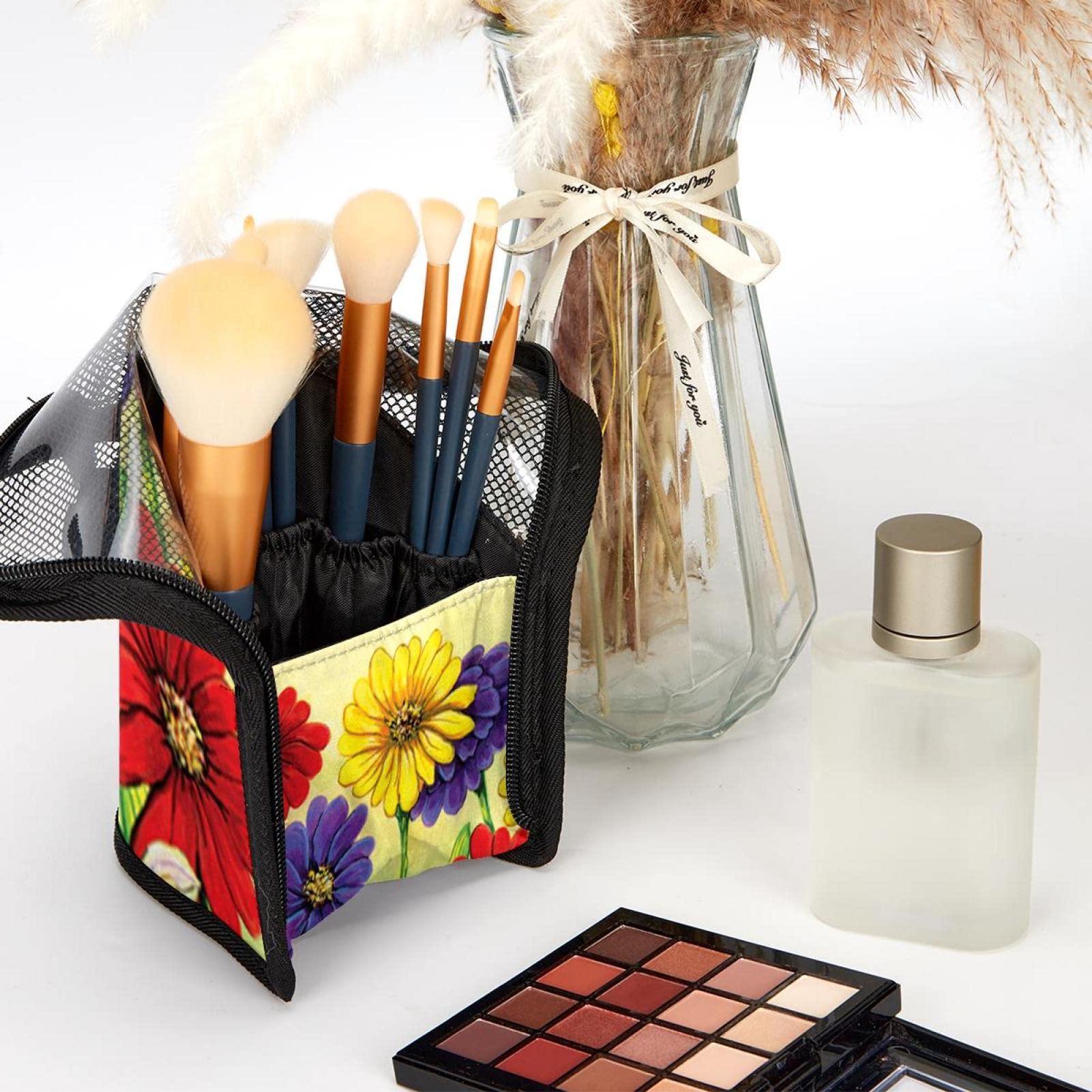 12-Piece Makeup Brush Organizer Bag with Portable Holder Case - Floral Bee Design for Travel & Home Storage | Perfect for Makeup Artists & Beauty Enthusiasts