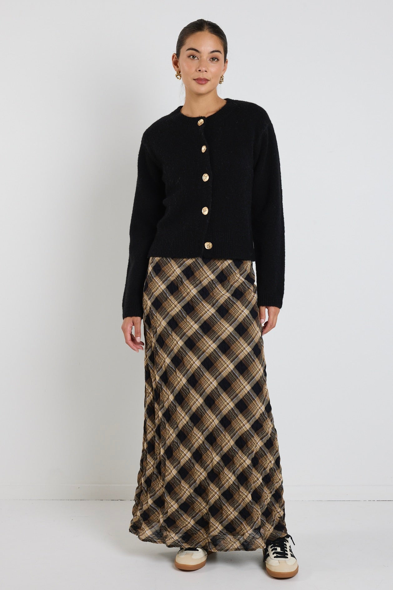 Breathe Caramel Check Bias Maxi Skirt - Women's Flowy A-Line Long Skirt with Side Slit | Perfect for Boho Chic, Beach Vacation & Casual Outfits
