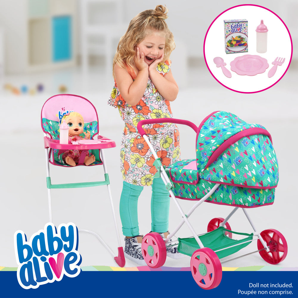 Baby Alive Travel N' Feed Playset - Pink & Green Hearts 7-Piece Doll Feeding Set for Toddlers - Perfect for On-the-Go Playtime & Pretend Feeding Fun
