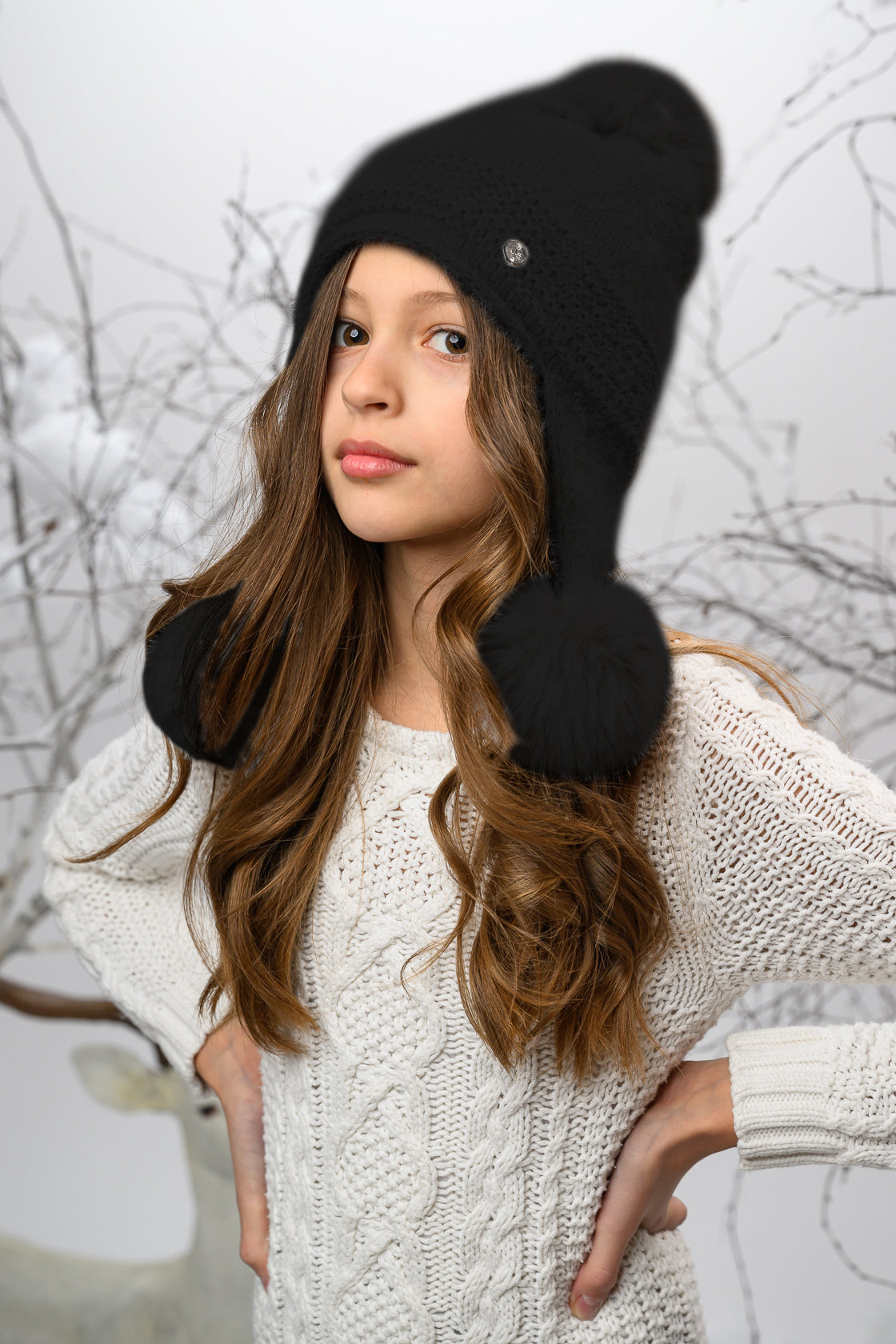 Luxury Black Cashmere Triple Faux Fur Pom Pom Winter Hat for Women - Soft Warm Beanie for Cold Weather, Outdoor Activities & Fashion Accessory