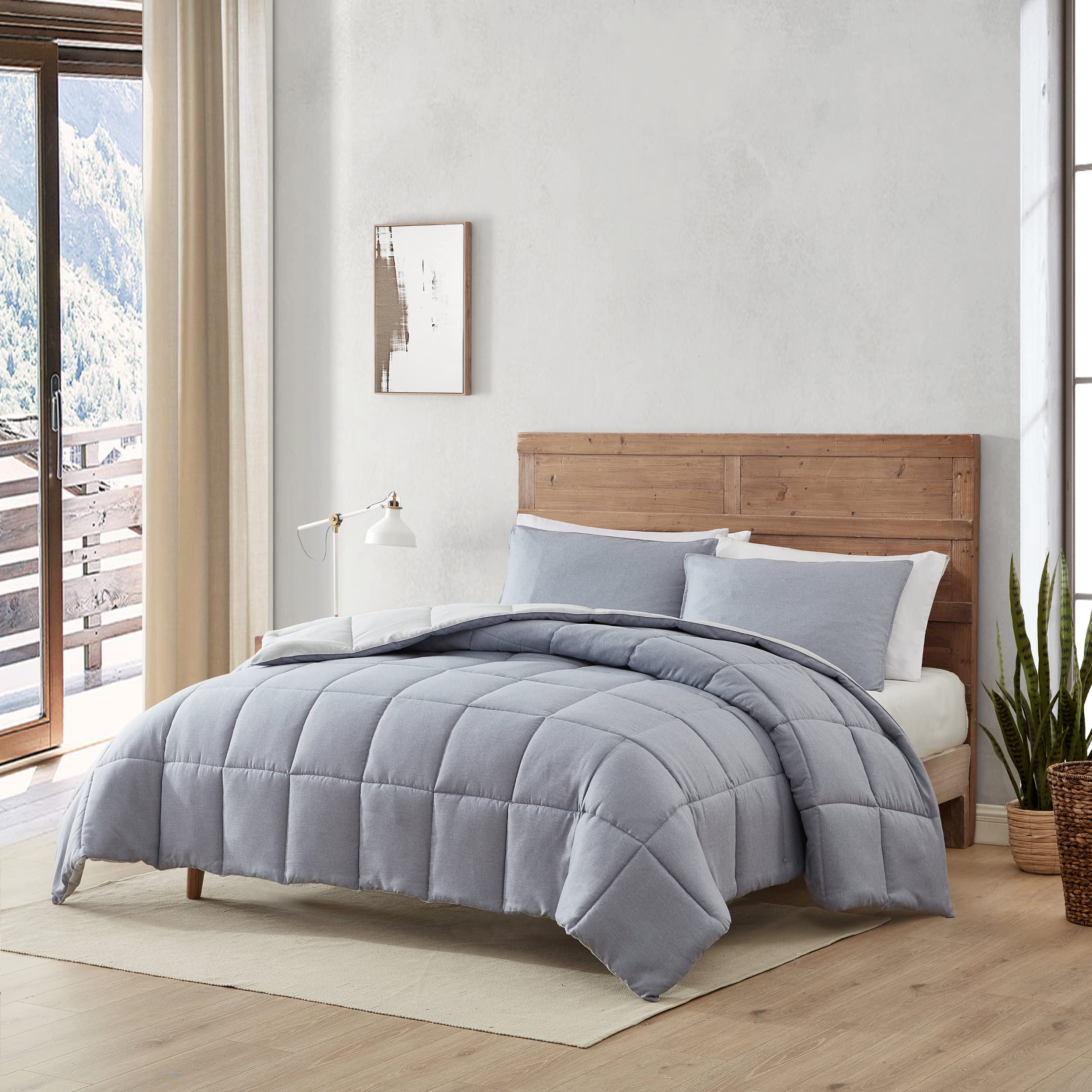 Eddie Bauer Twin Comforter Set - Reversible Soft Bedding with Matching Sham, Wrinkle Resistant Herringbone Light Blue/Grey - Perfect for Kids' Rooms, Guest Beds & Cozy Dorm Decor