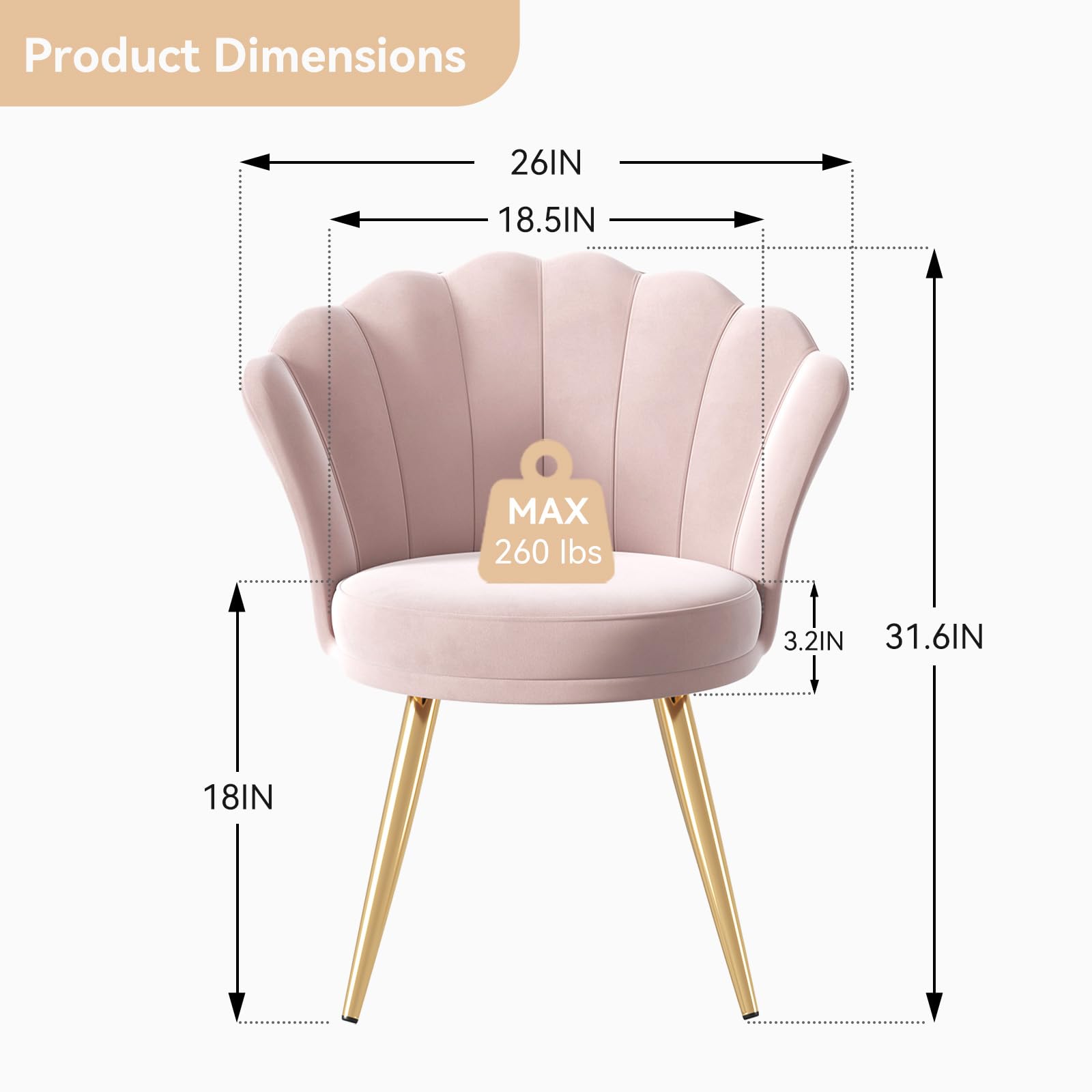 Luxury Velvet Accent Chair with Gold Metal Legs - Modern Makeup Vanity Chair, Upholstered Living Room Guest Chair & Bedroom Side Chair in Light Pink - Perfect for Dressing Room, Lounge & Home Decor