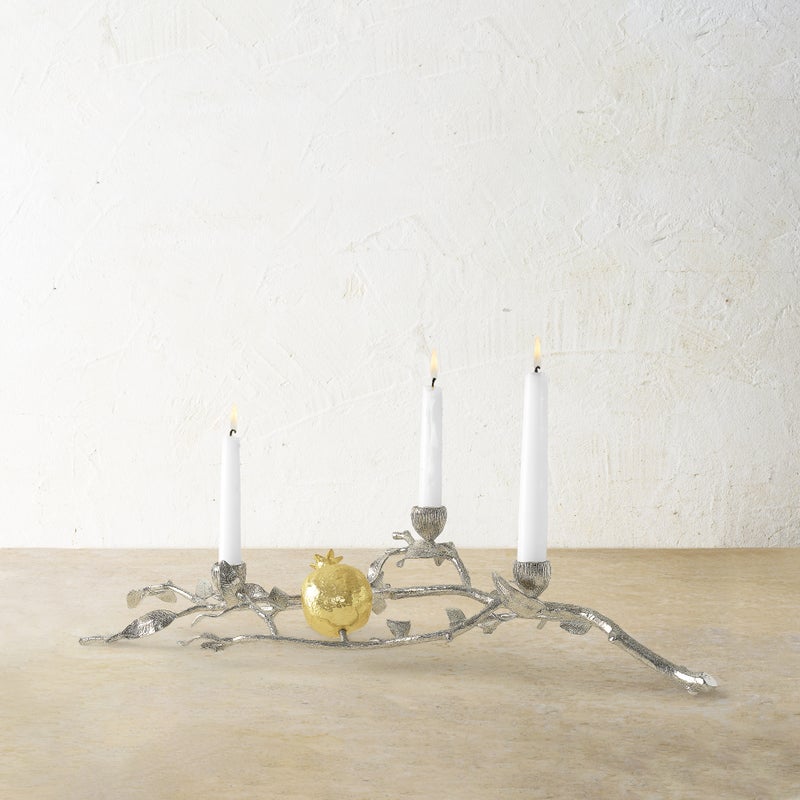 Elegant Pomegranate Silver & Gold Low Candle Holders - Set of 2 for Wedding Centerpieces, Romantic Dinner Decor, and Holiday Table Settings