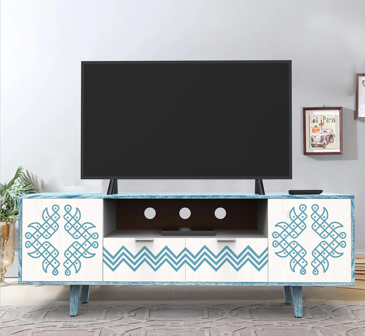 Corsica Verve Mango Wood TV Stand Console Table with Storage - Textured White and Blue Finish - Modern Living Room Furniture for TV Entertainment Center & Media Storage