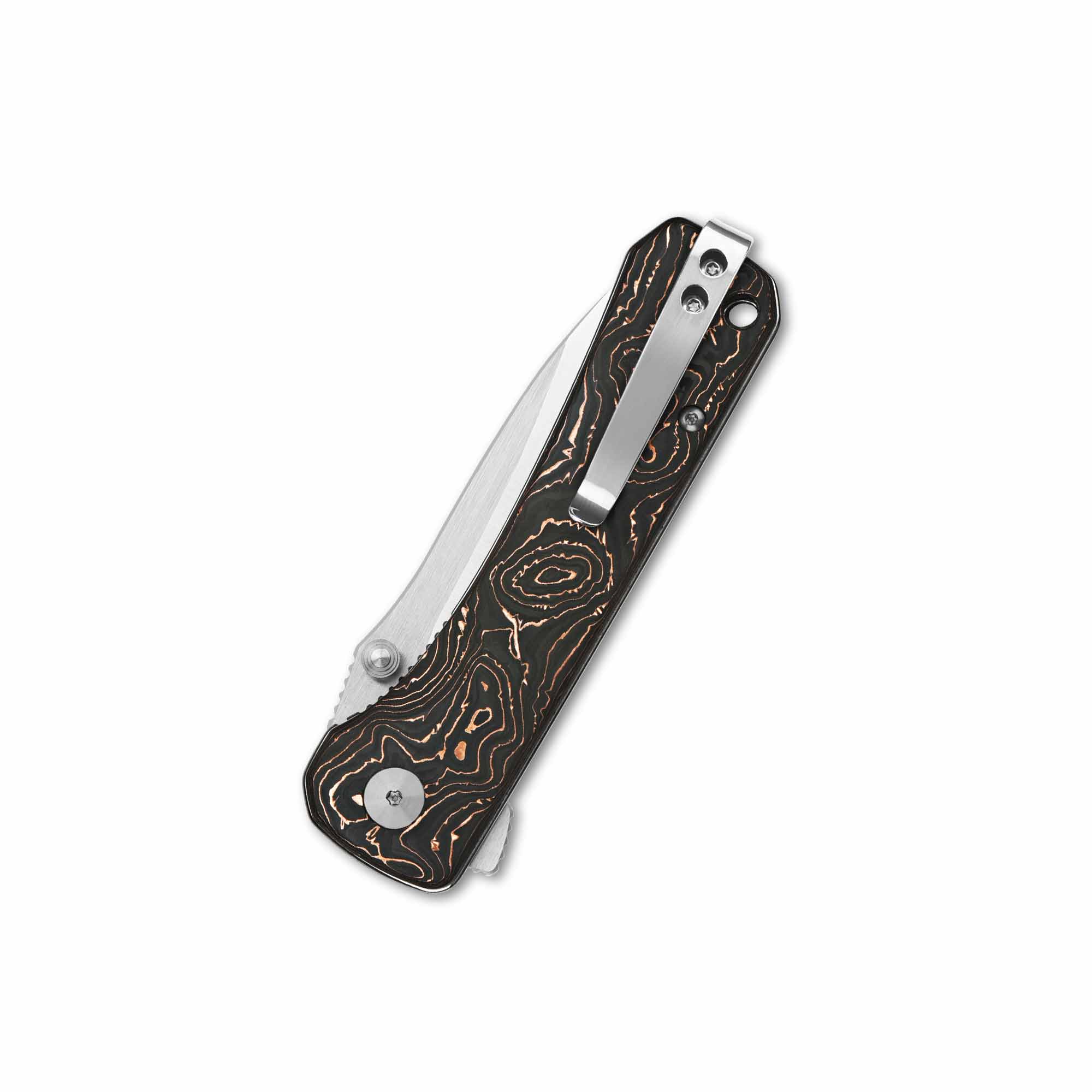 QSP Hawk Liner Lock Pocket Knife - Damascus/S35VN Blade, Copper Foil Carbon Fiber Handle - EDC, Outdoor, Camping & Survival Tool