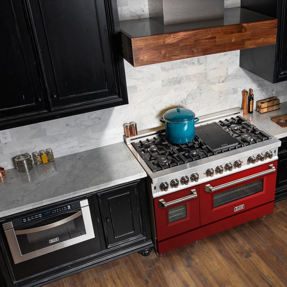 ZLINE 48-Inch 6.0 cu. ft. Dual Fuel Range with 7-Burner Gas Cooktop & 2 Electric Ovens - Stainless Steel with Red Gloss Doors (RA RG 48) for Professional Home Kitchens & Gourmet Cooking
