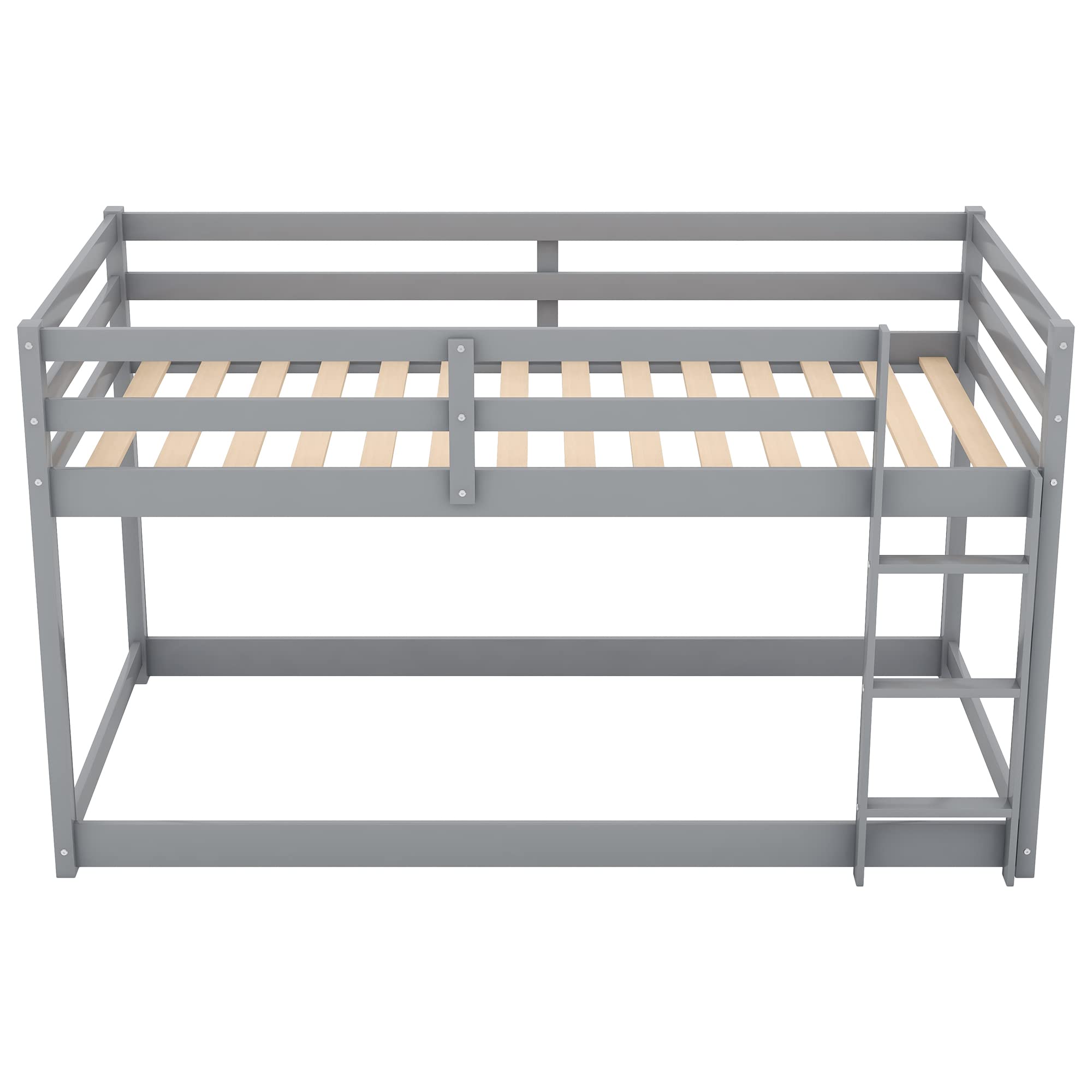 Twin Over Twin Bunk Bed with Ladder & Safety Guardrails - Solid Pinewood Bed Frame for Kids - Space Saving Low Floor Bunk Bed for Boys and Girls Bedroom - No Box Spring Needed - Perfect for Small Rooms, Shared Kids Rooms & Vacation Homes (Gray)