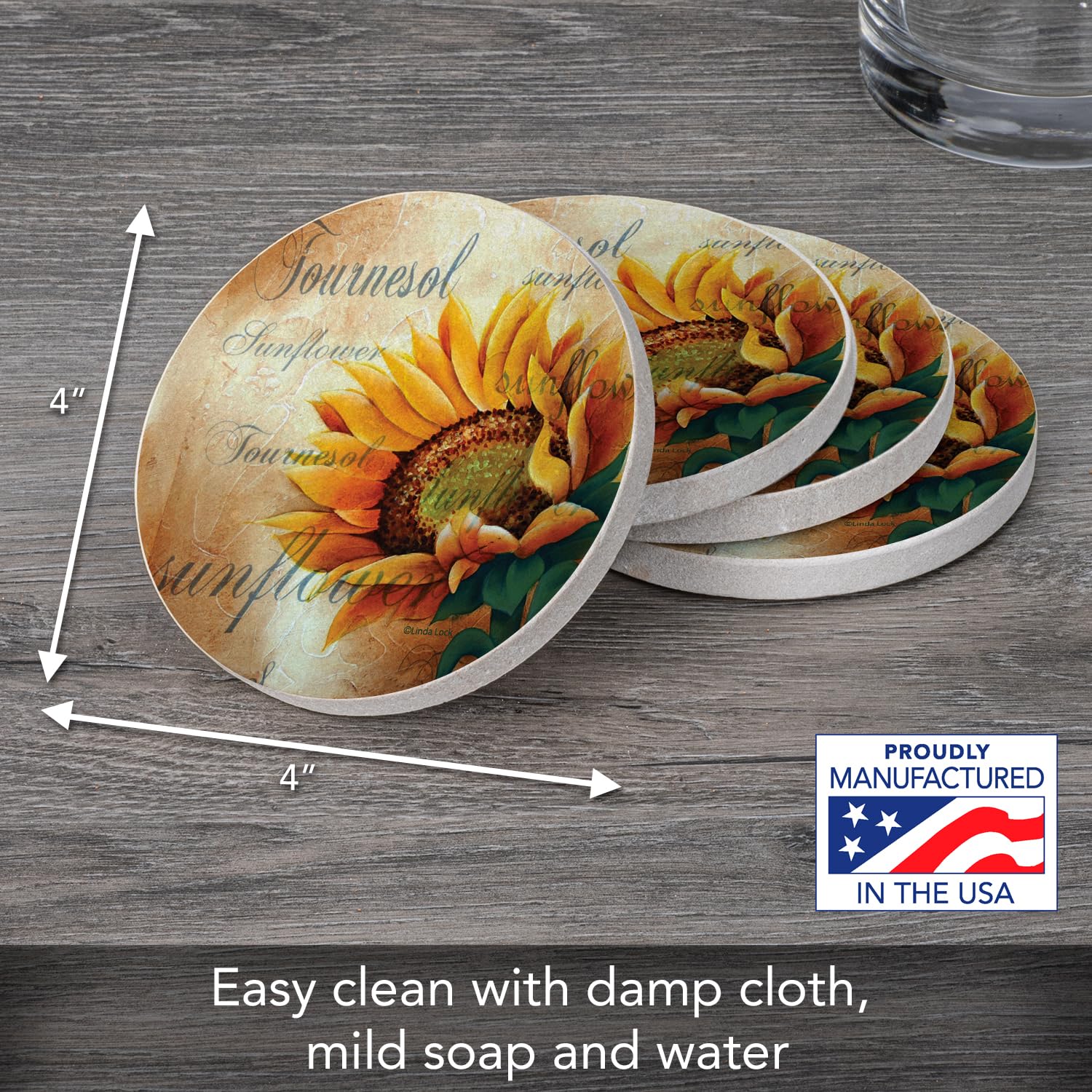 Thirstystone Sunflower II Natural Sandstone Coasters - Set of 4 | Eco-Friendly, Absorbent & Easy to Clean Drink Coasters for Home, Bar, Office & Outdoor Use