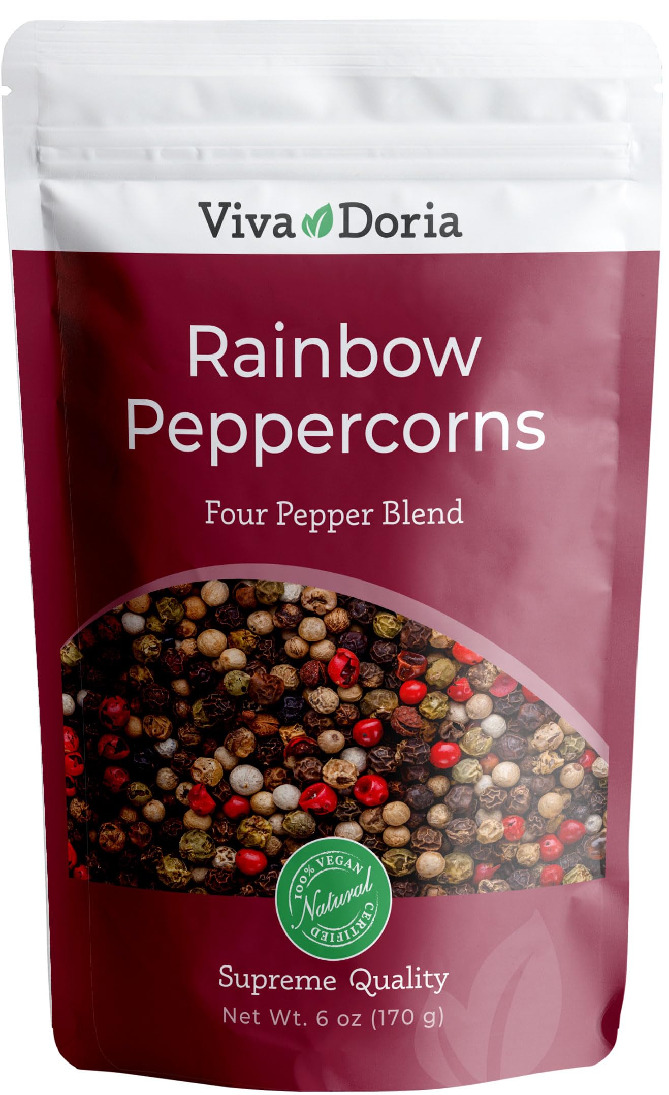 Viva Doria Rainbow Peppercorns - Premium 4 Color Peppercorn Blend (Black, Green, Pink & White) | Steam Sterilized | 6oz Grinder Refill | Perfect for Steak, Salad & Gourmet Cooking