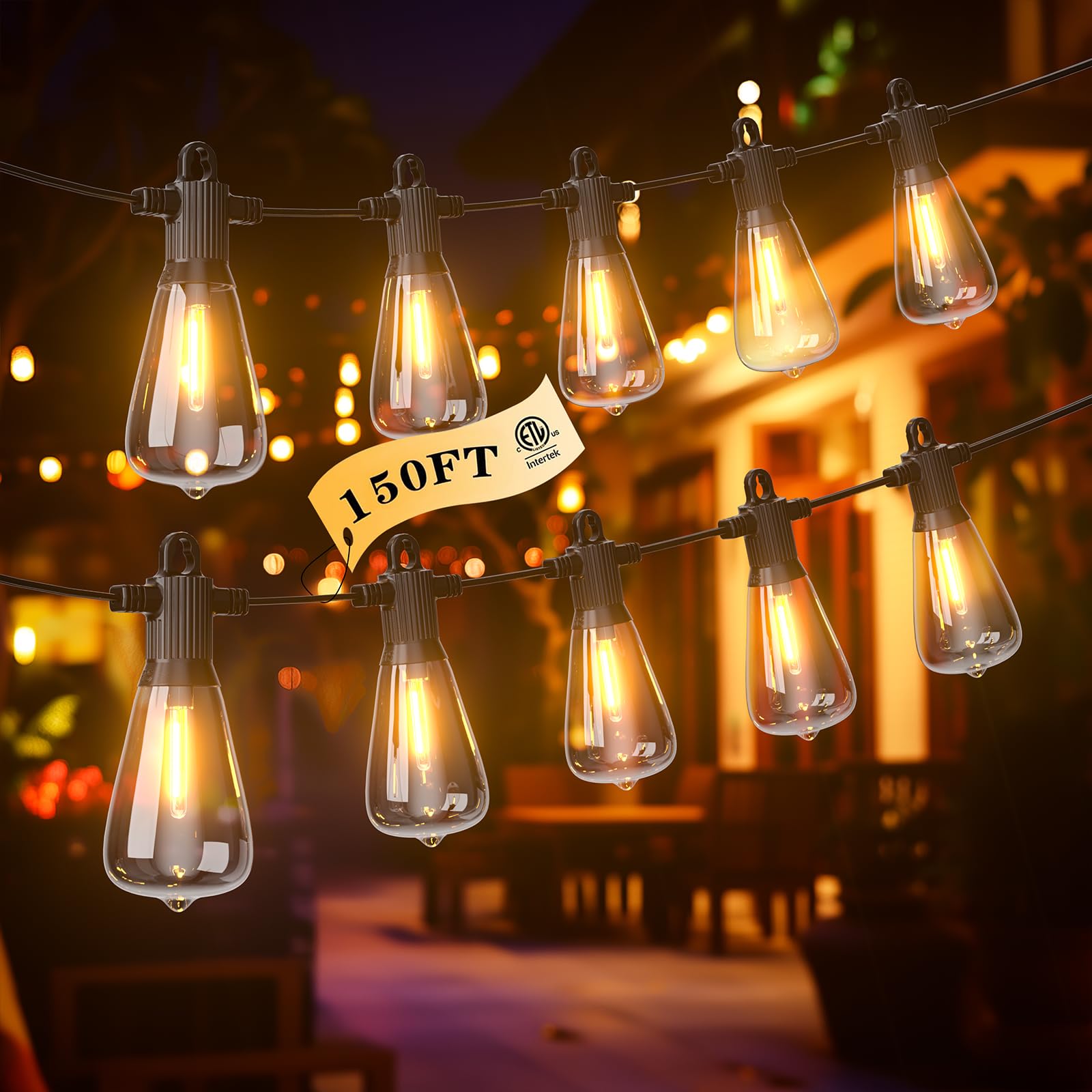 150FT LED Outdoor String Lights - 72+3 Shatterproof ST38 Edison Bulbs, Waterproof Patio Lights 2700K Warm White, Dimmable Hanging Lights for Backyard, Porch, Party, Gazebo - Perfect for Garden Decor, Wedding, Christmas & Outdoor Events