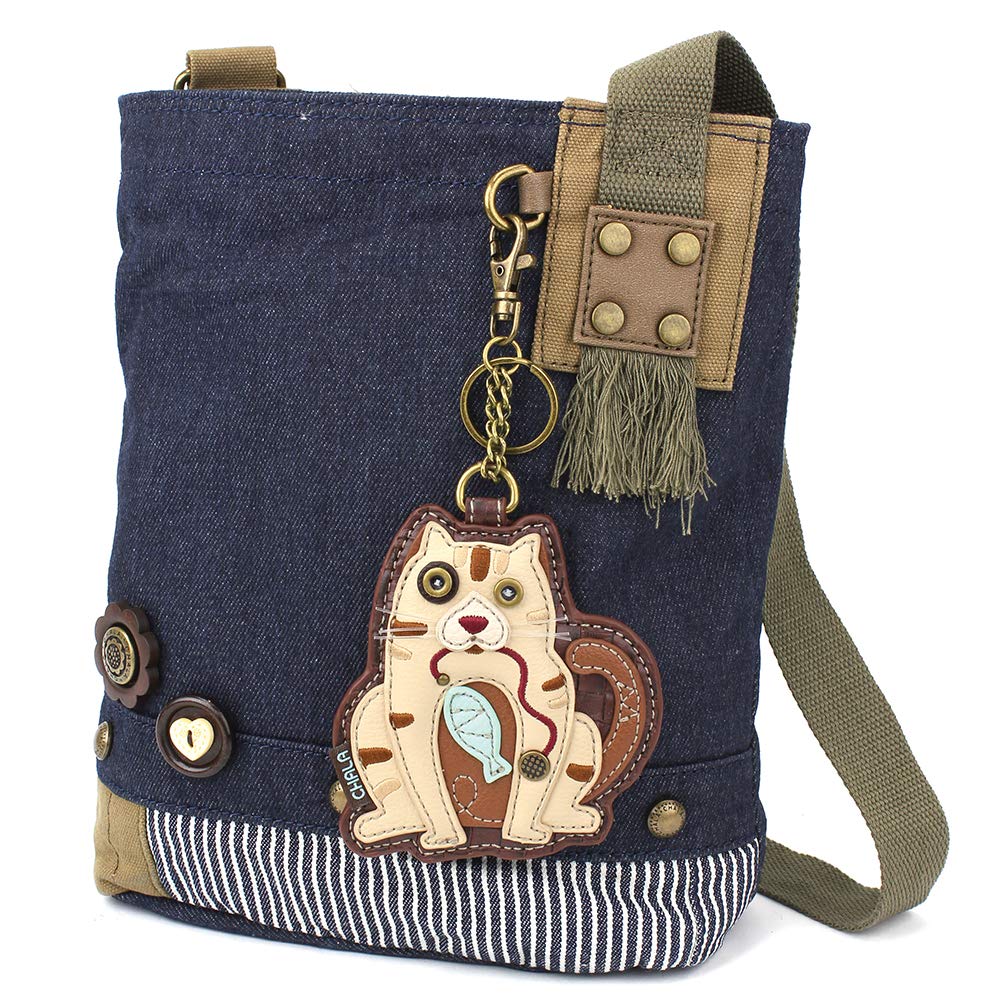 Chala Denim Blue Crossbody Messenger Bag with Cat Patch - Stylish & Functional for Women, Travel, Work & Everyday Use