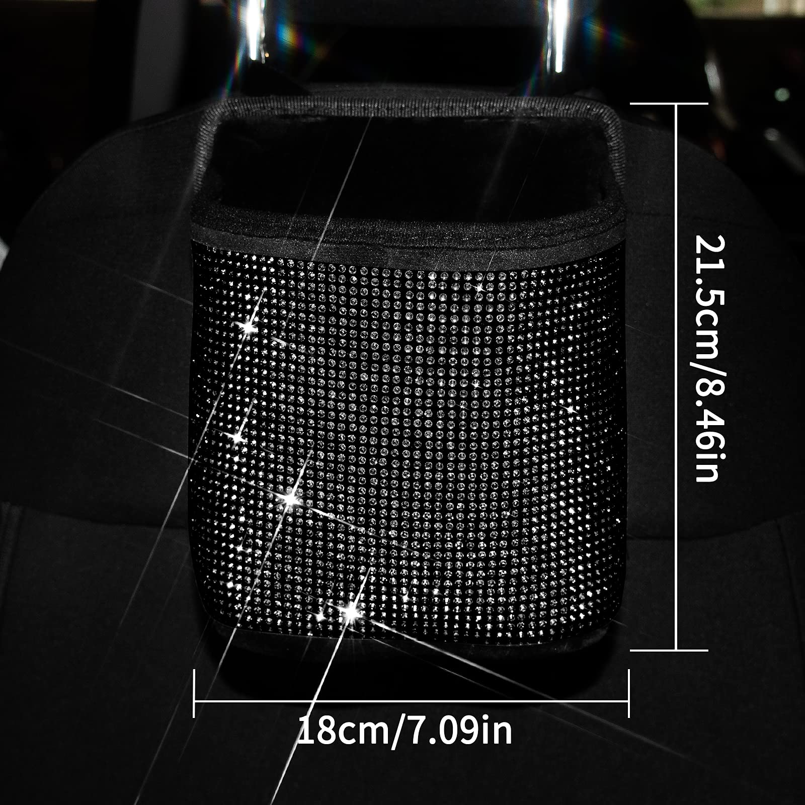 Premium Bling Crystal Car Seat Organizer - Front & Back Seat Travel Caddy Bag with Garbage Pocket - Diamond Car Accessory (1-Pack, Black) - Perfect for Road Trips, Commuting & Family Travel Organization
