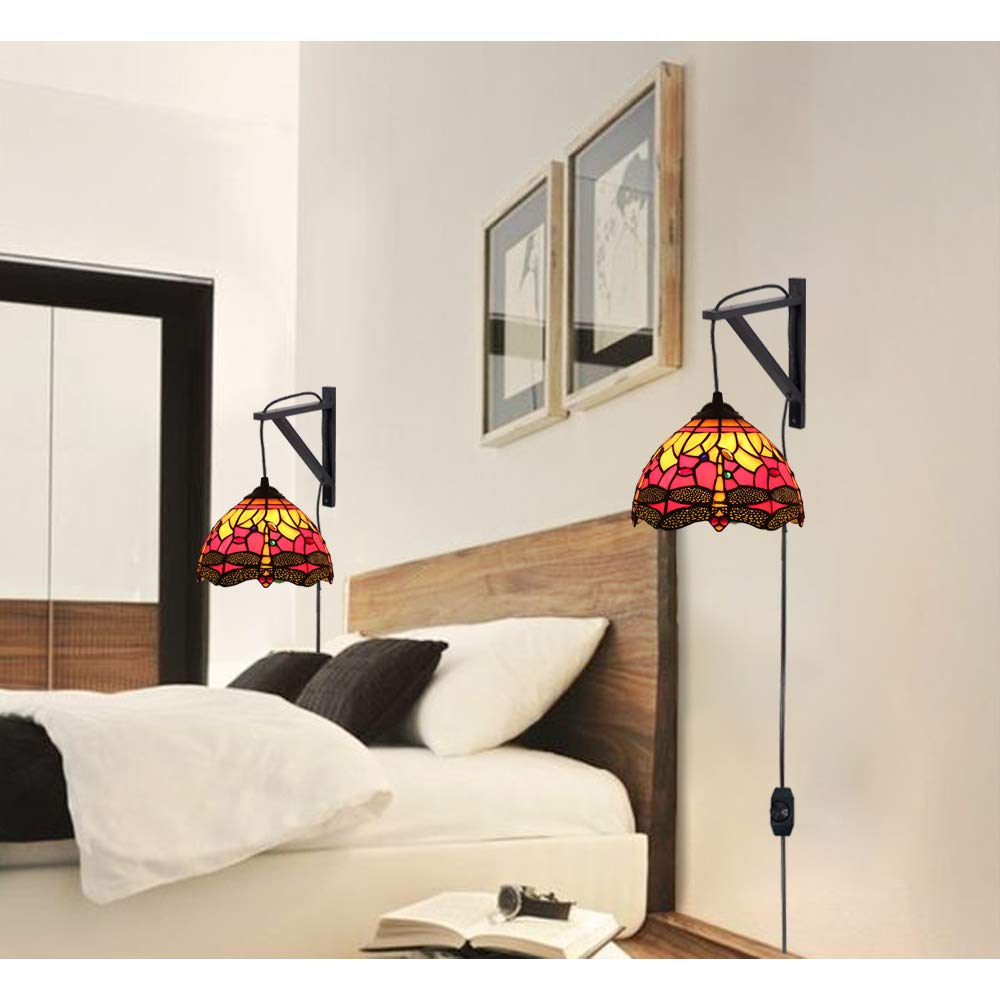 Handmade Tiffany Style Mediterranean Chandelier - Baroque Glass Shade, 20ft UL Certified Plug-in Cord with On/Off Dimmer Switch | Decorative Pendant Light for Dining Room, Foyer & Bedroom (Bulb Not Included)