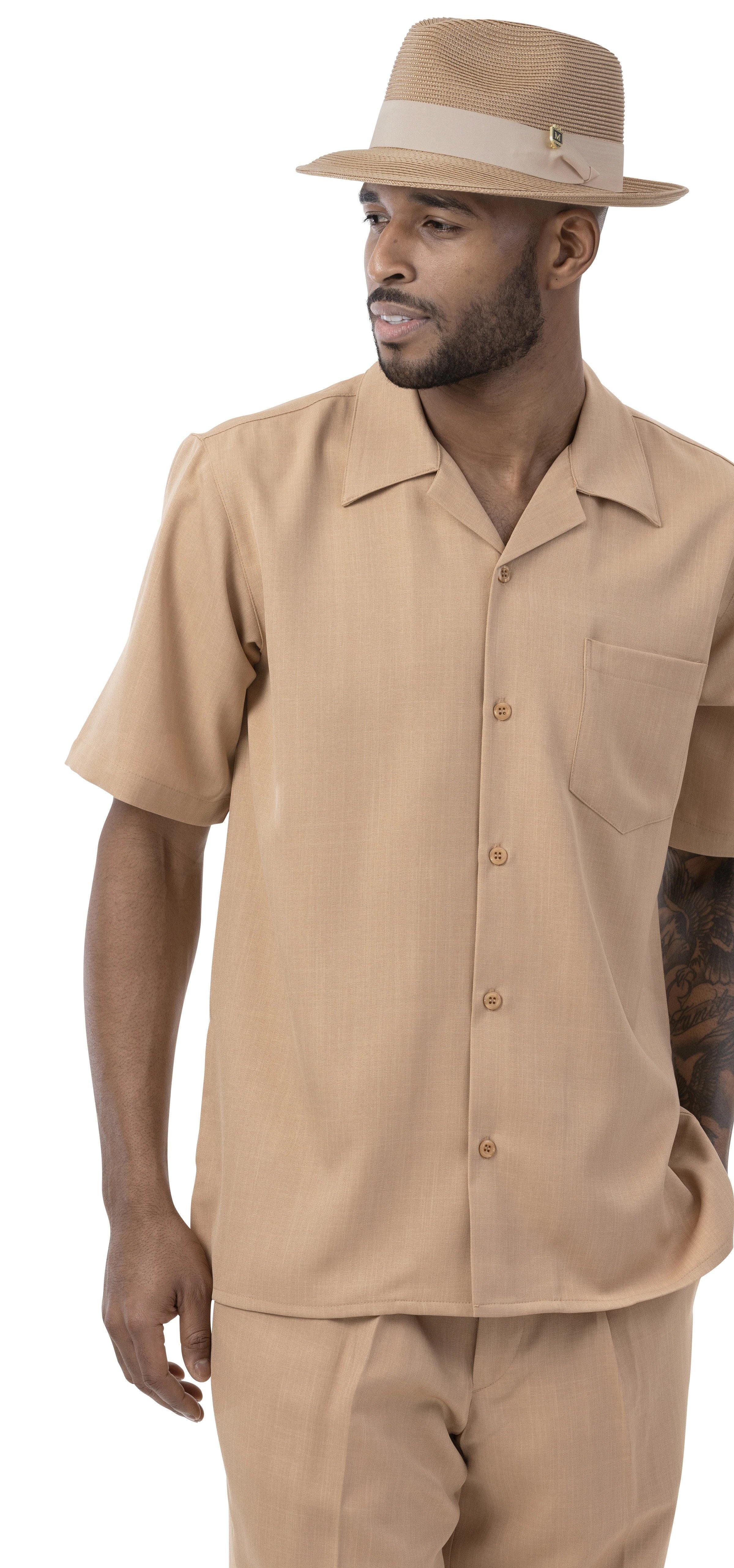 Montique Men's 2-Piece Short Sleeve Walking Suit - Solid Tan Color | Lightweight & Breathable Summer Outfit for Casual Wear, Travel & Outdoor Activities