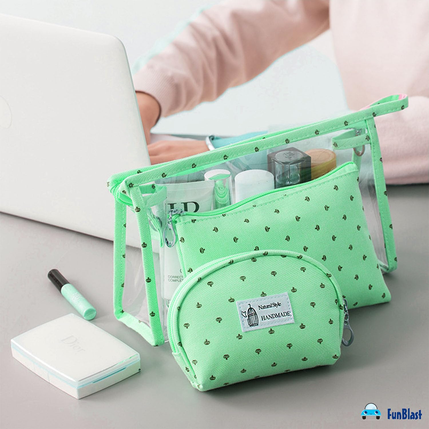 FunBlast 3-Pack Waterproof Cosmetic Makeup Bags for Women - Zippered Travel Toiletry Organizer, Portable Vanity Pouch for Makeup Brushes, Jewelry & Essentials - Perfect for Travel, Gym, Beach & Daily Use (Green)