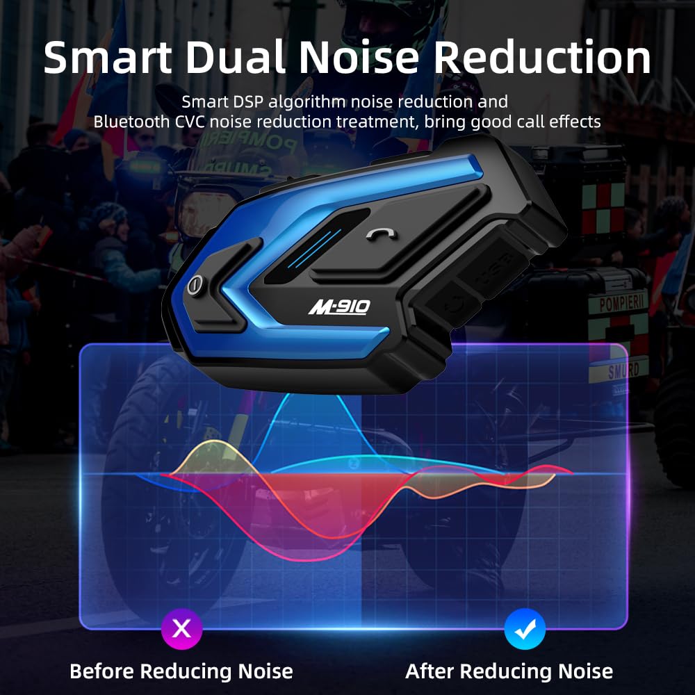 Motorcycle Helmet Bluetooth Headset with DSP/CVC Noise Cancellation - Dual Core 2-Way Communication System, 6 Rider Intercom, Waterproof, Built-in Speakers & Music Sharing - Perfect for Group Rides, Commuting & Adventure Motorcycling
