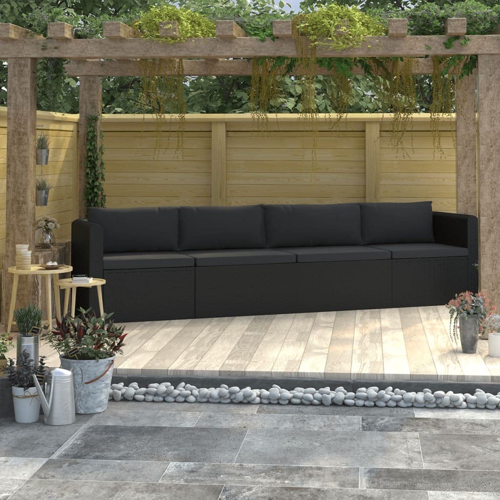 Black 4-Piece Outdoor Patio Furniture Set with Cushions - Poly Rattan Sectional Sofa & Dining Conversation Set for Backyard, Garden, Poolside or Deck Relaxation