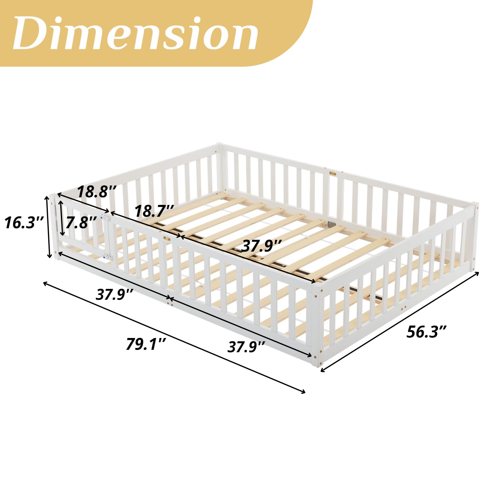 Montessori Toddler Floor Bed with Door & Safety Fence - Solid Wood Full Size Bed Frame for Kids with 12 Slats & Guardrails - Perfect for Girls & Boys Bedrooms, Playrooms & Montessori Learning Spaces (White)