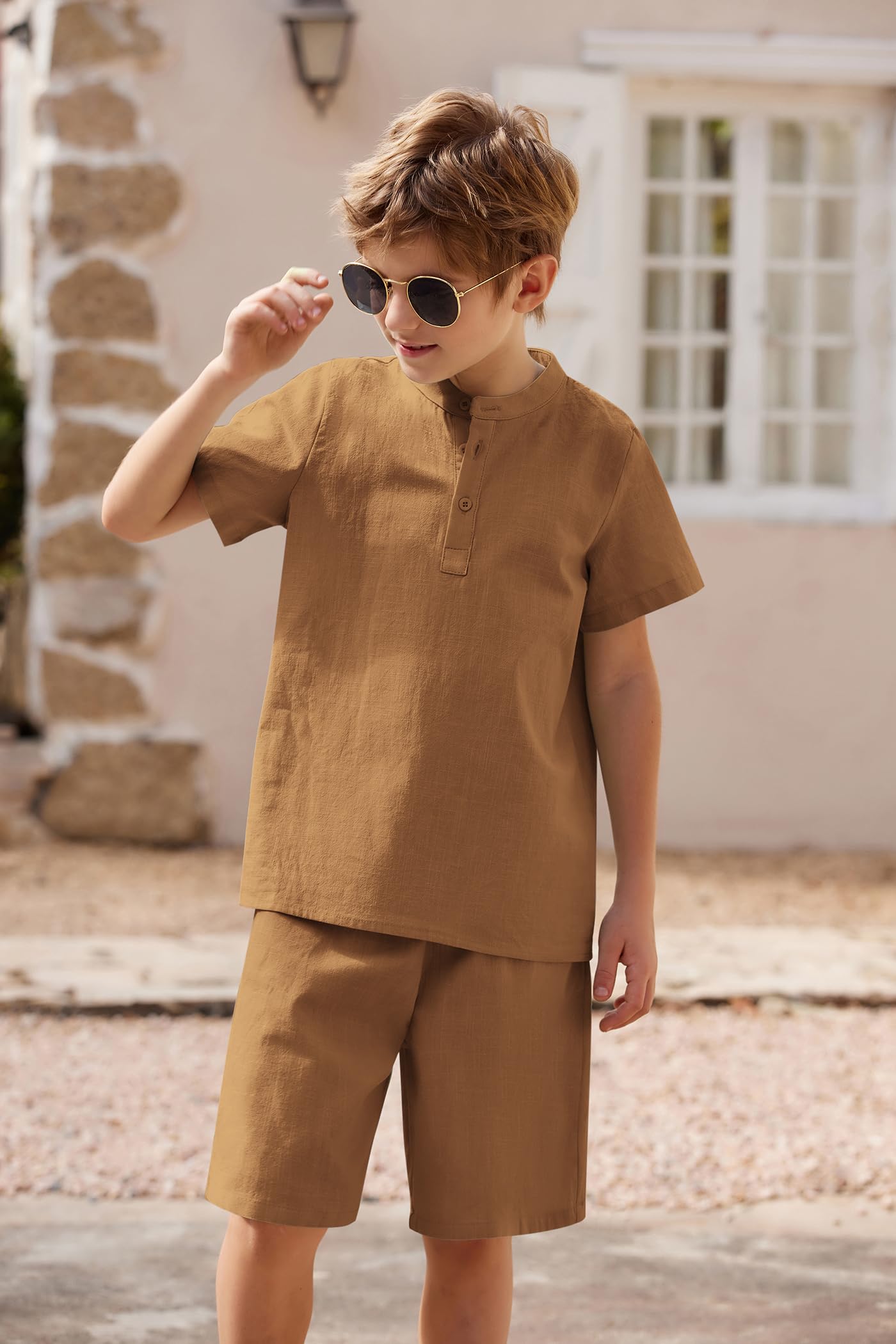 Arshiner Boys' 2-Piece Cotton Linen Outfit - Casual Henley Shirts & Short Sleeve Beach Shorts - Summer Clothes for Kids 5-12 Years - Perfect for Beach Vacations, Playdates & Outdoor Adventures