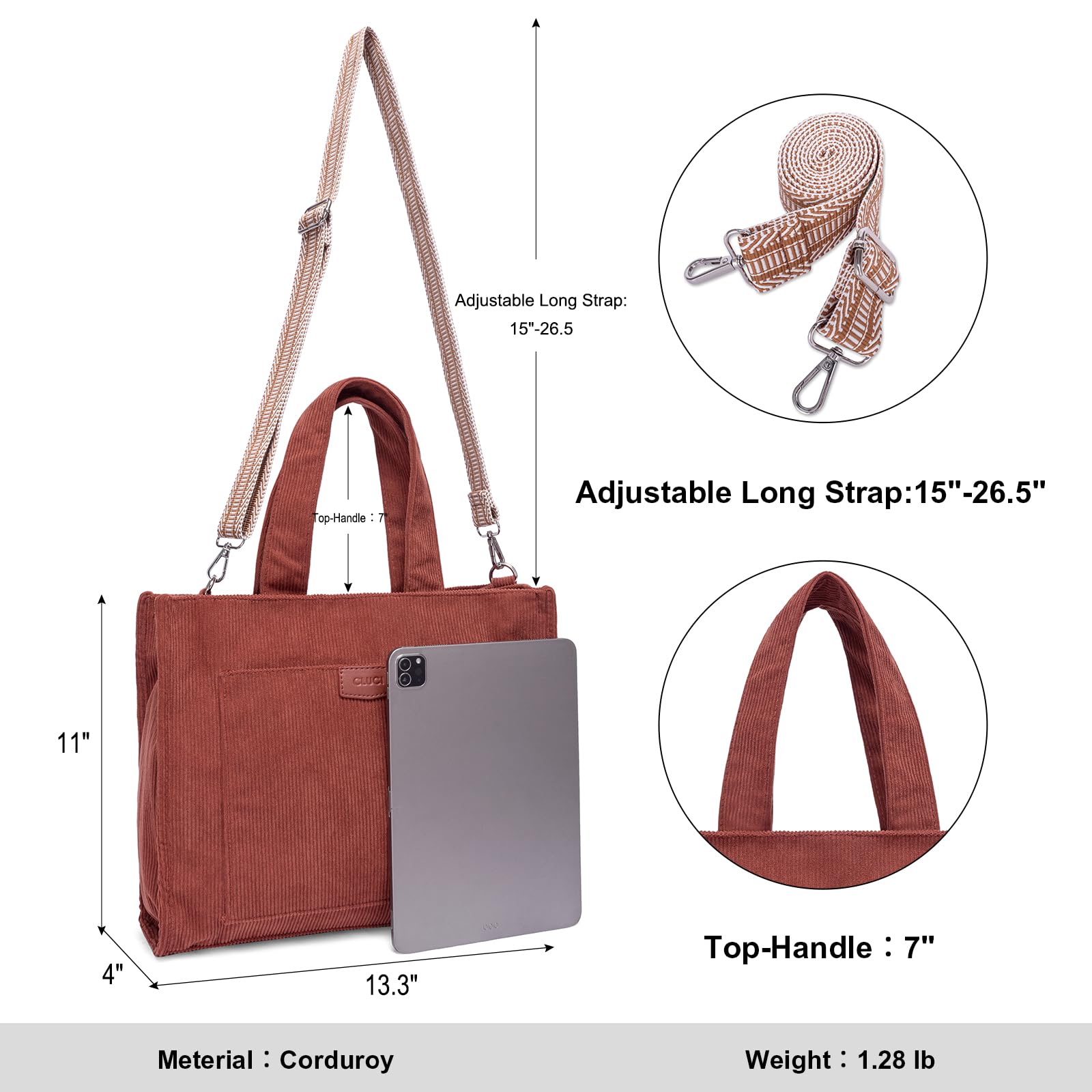 CLUCI Women's Corduroy Tote Bag with Zipper - Stylish Casual Shoulder Handbag & Hobo Purse for Work, Travel, and Everyday Use