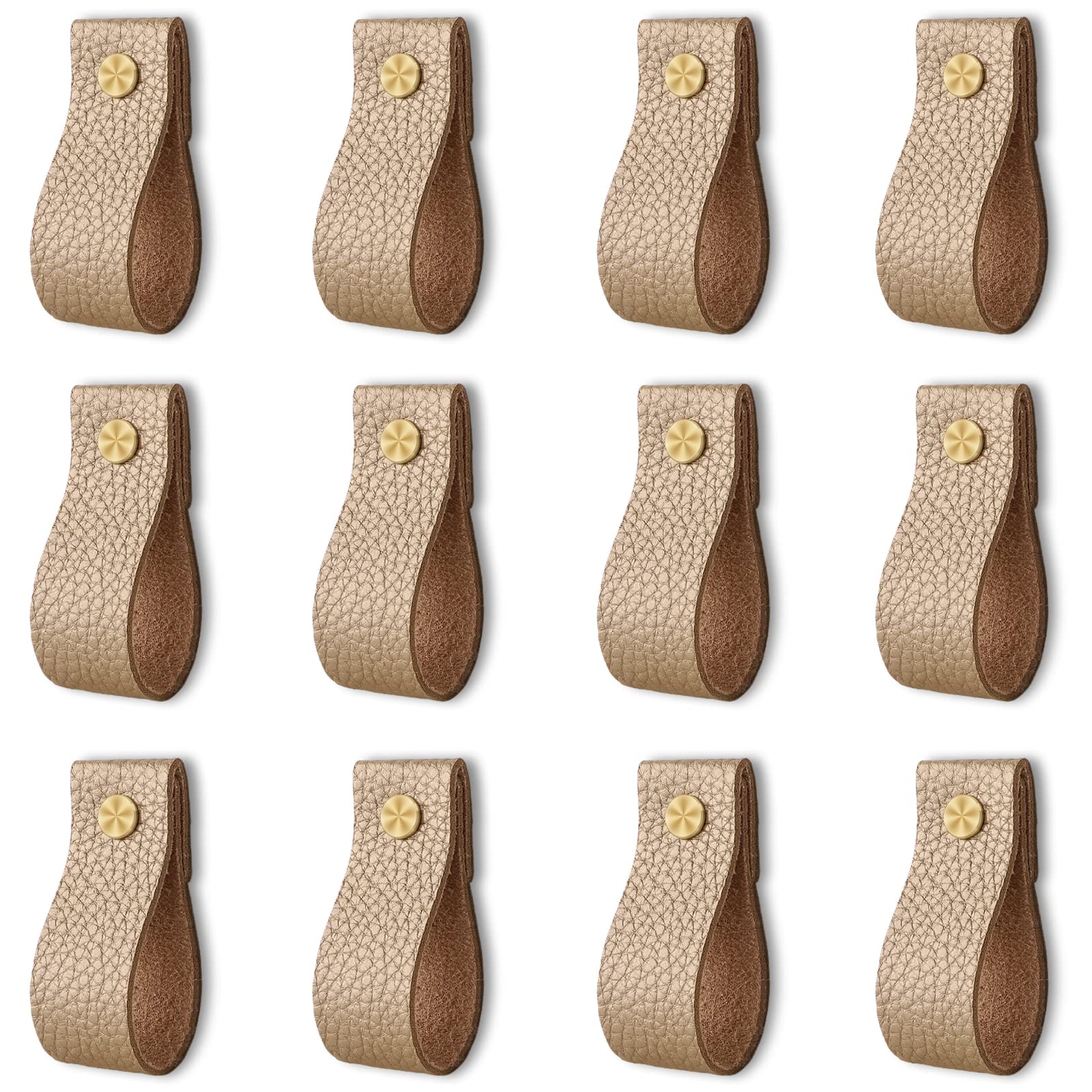Handmade Leather Drawer Pulls - 12 Pack Gold Cabinet Handles for Dresser, Closet & Cabinet Doors - Vintage Style Hardware for Home & Office Furniture Upgrade