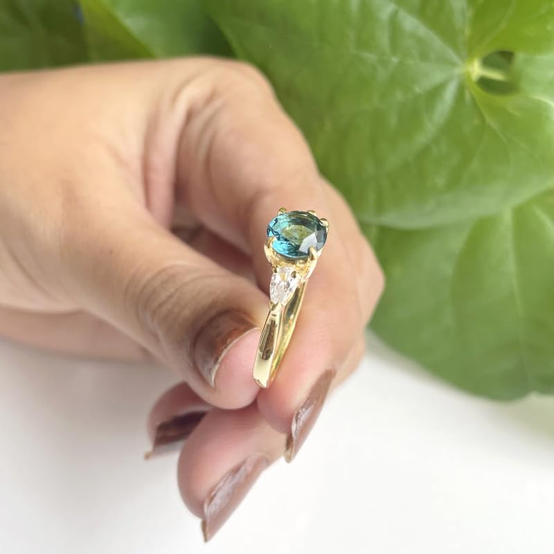 14K Rose Gold London Blue Topaz and White Diamond 3-Stone Engagement Ring for Women | Round & Pear Cut Bridal Proposal Ring | Perfect for Weddings, Anniversaries & Special Occasions