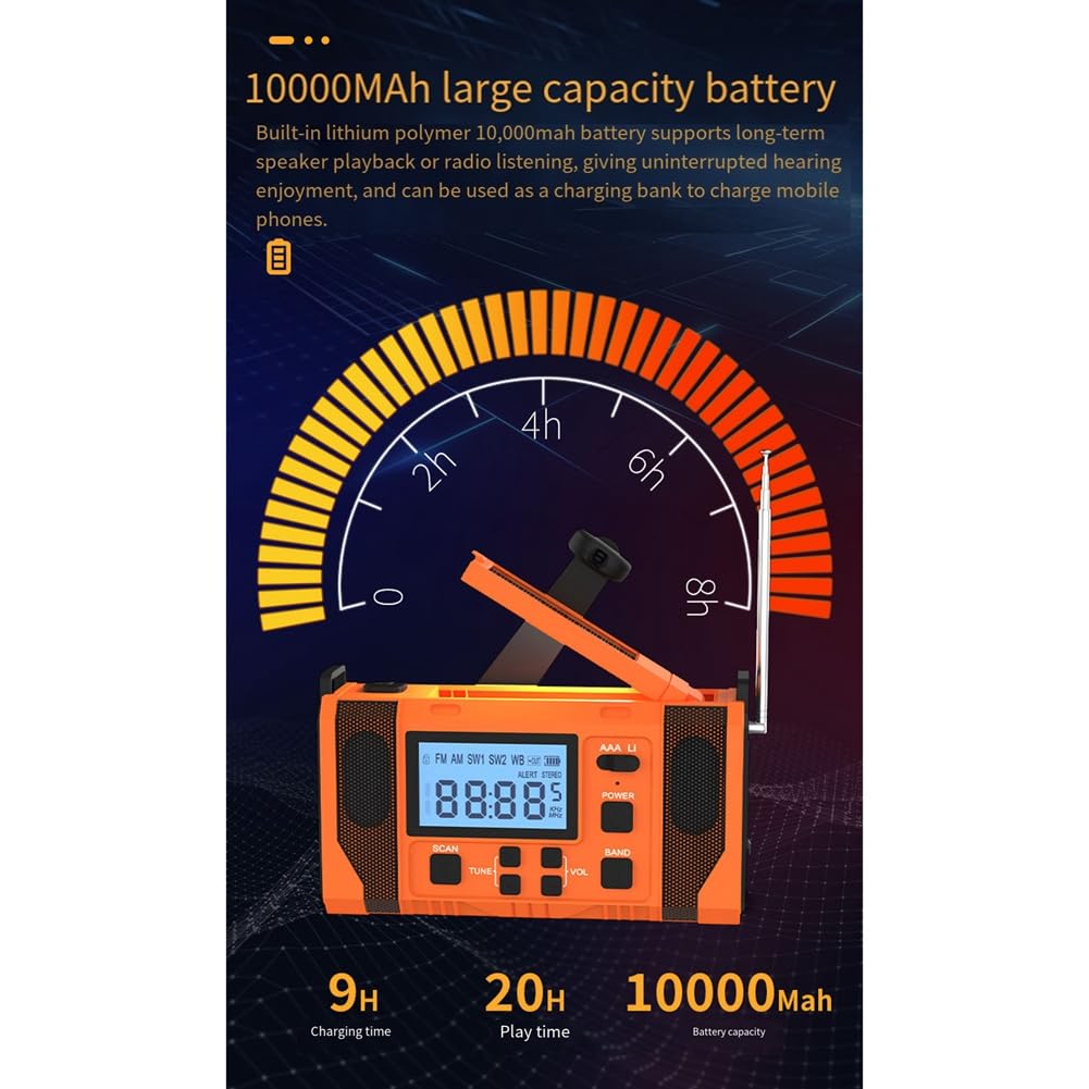 Komdndht Emergency Weather Radio with 10000mAh Power Bank, Solar Charging, Hand Crank & USB Charging, AM/FM NOAA Weather Alert Radio - Perfect for Camping, Hiking, and Emergency Preparedness