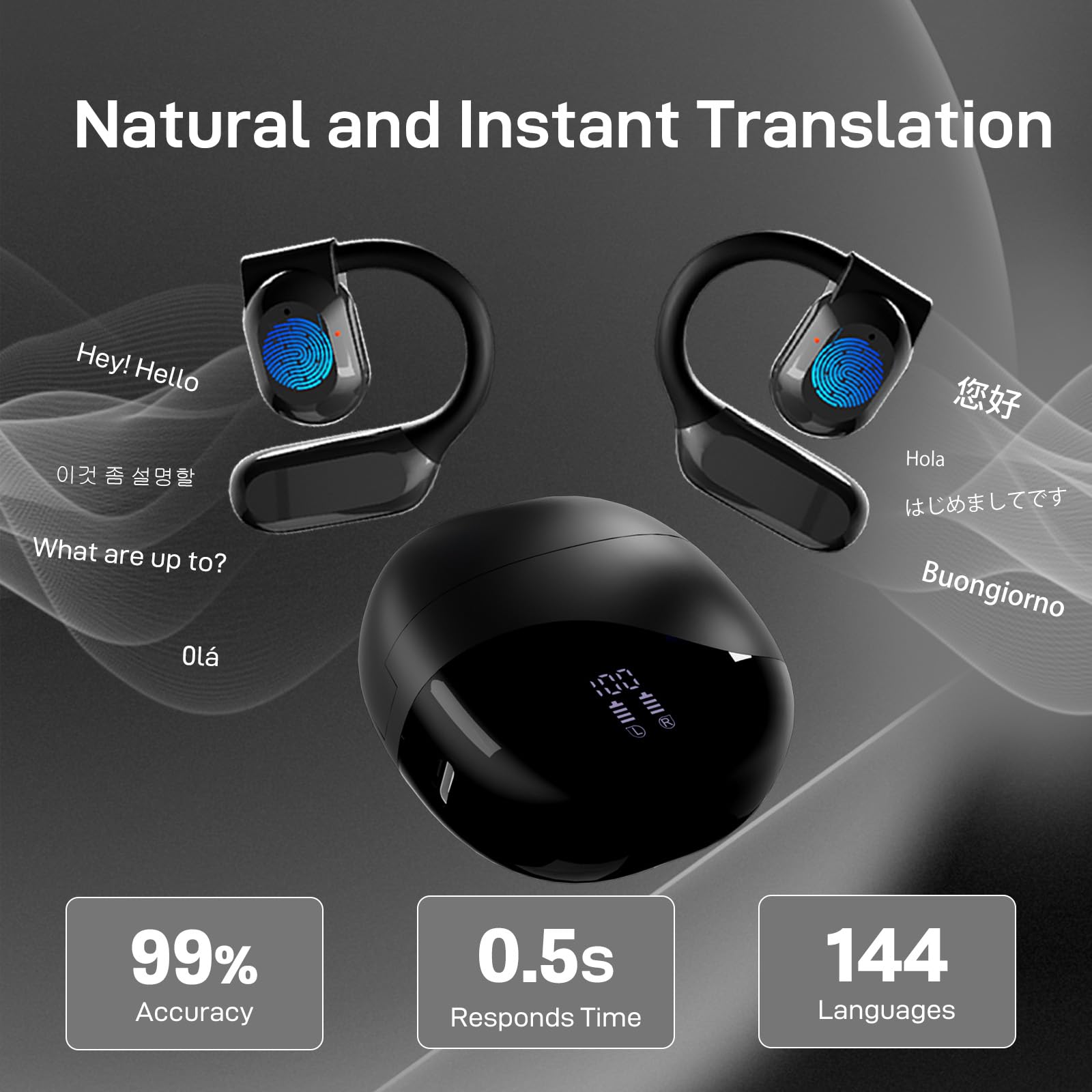 144 Language AI Translator Earbuds - Wireless Bluetooth 3-in-1 Headphones with Real-Time Translation for iOS & Android | Perfect for Travel, Business Meetings & Language Learning