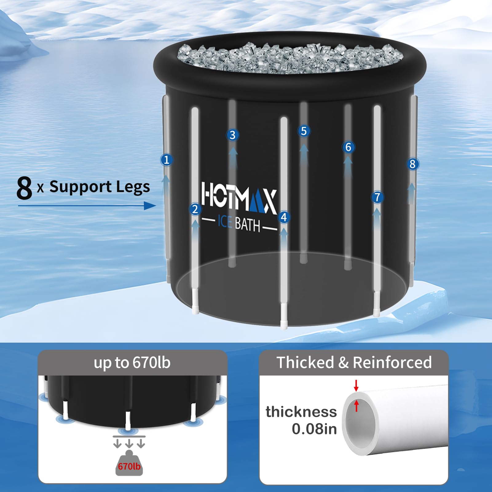 Ice Bath Tub with Water Thermometer - 8-Leg Recovery Cold Plunge Tub, 5-Layer Insulated Cold Water Therapy for Athletes - Portable Ice Bath for Muscle Recovery, Post-Workout & Sports Injury Relief (Home Gym & Outdoor Use)