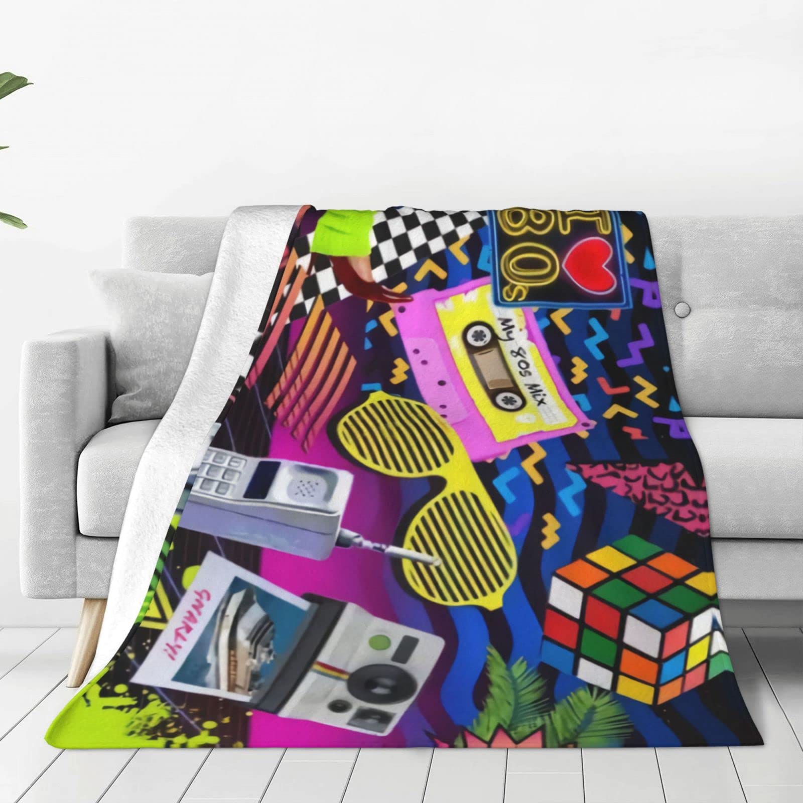 Vintage 80s 90s Retro Style Fleece Throw Blanket - Soft Cozy Warm Flannel Blanket for Couch, Bed, Sofa - 80x60 Inches - Perfect for Living Room, Office, Dorm & Gift Giving
