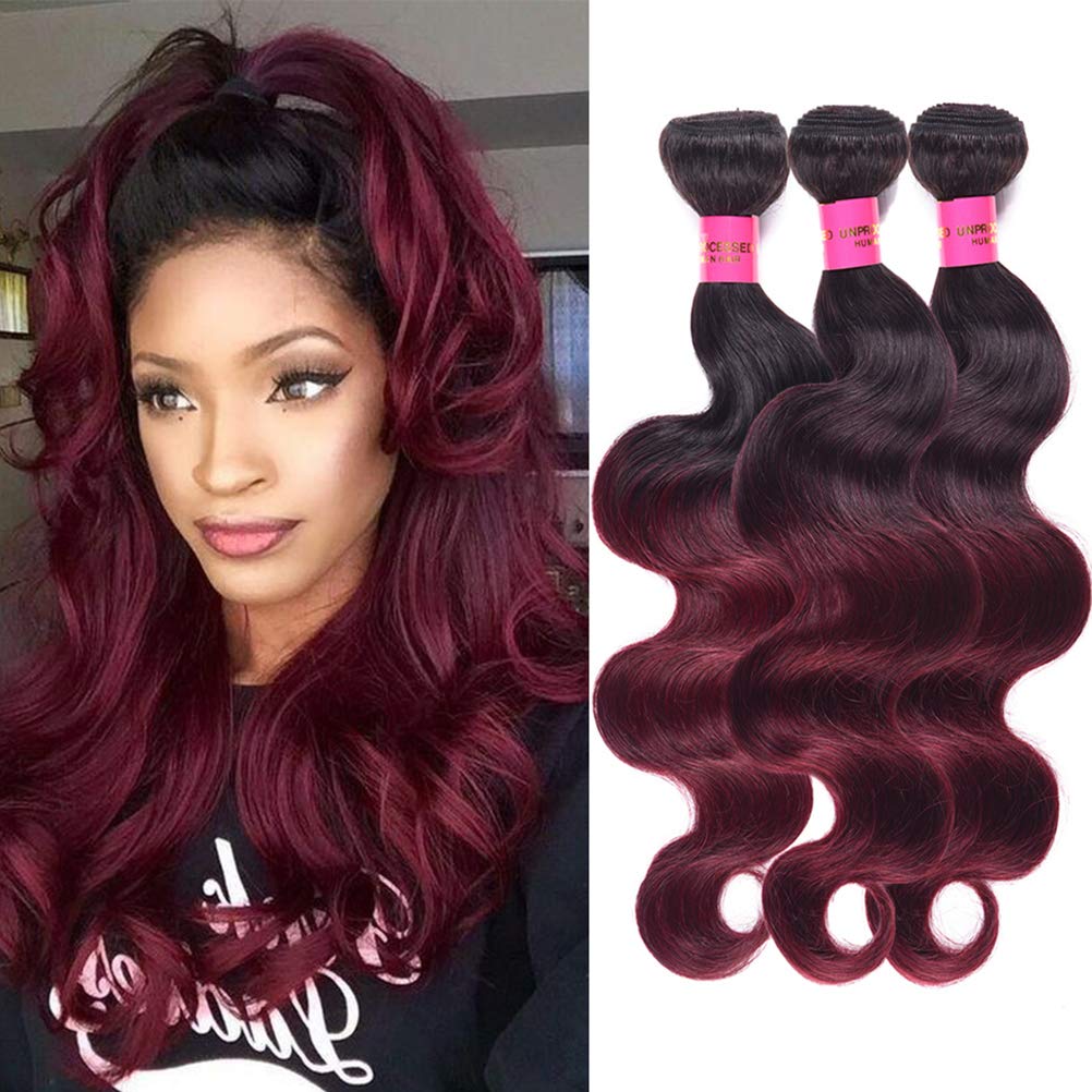 Brazilian Ombre Burgundy Human Hair Bundles 8A Body Wave Weaves - 1B/99J Ombre Red Hair Extensions (18, 20, 22 Inch) for Stunning Length & Volume | Perfect for Parties, Weddings & Everyday Glam