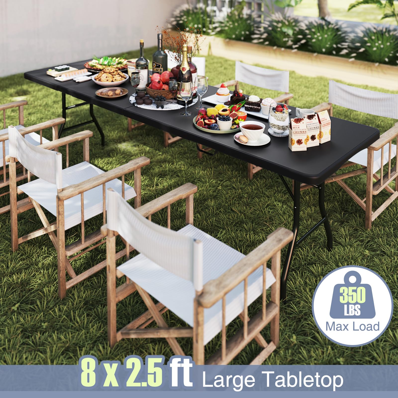 Goplus 8ft Heavy Duty Plastic Folding Table - 350 LBS Capacity HDPE Tabletop with Handle & Lock - Portable Rectangle Utility Card Table for Outdoor Picnic, Party, Camping, Dining, BBQ, Tailgating & Home Use