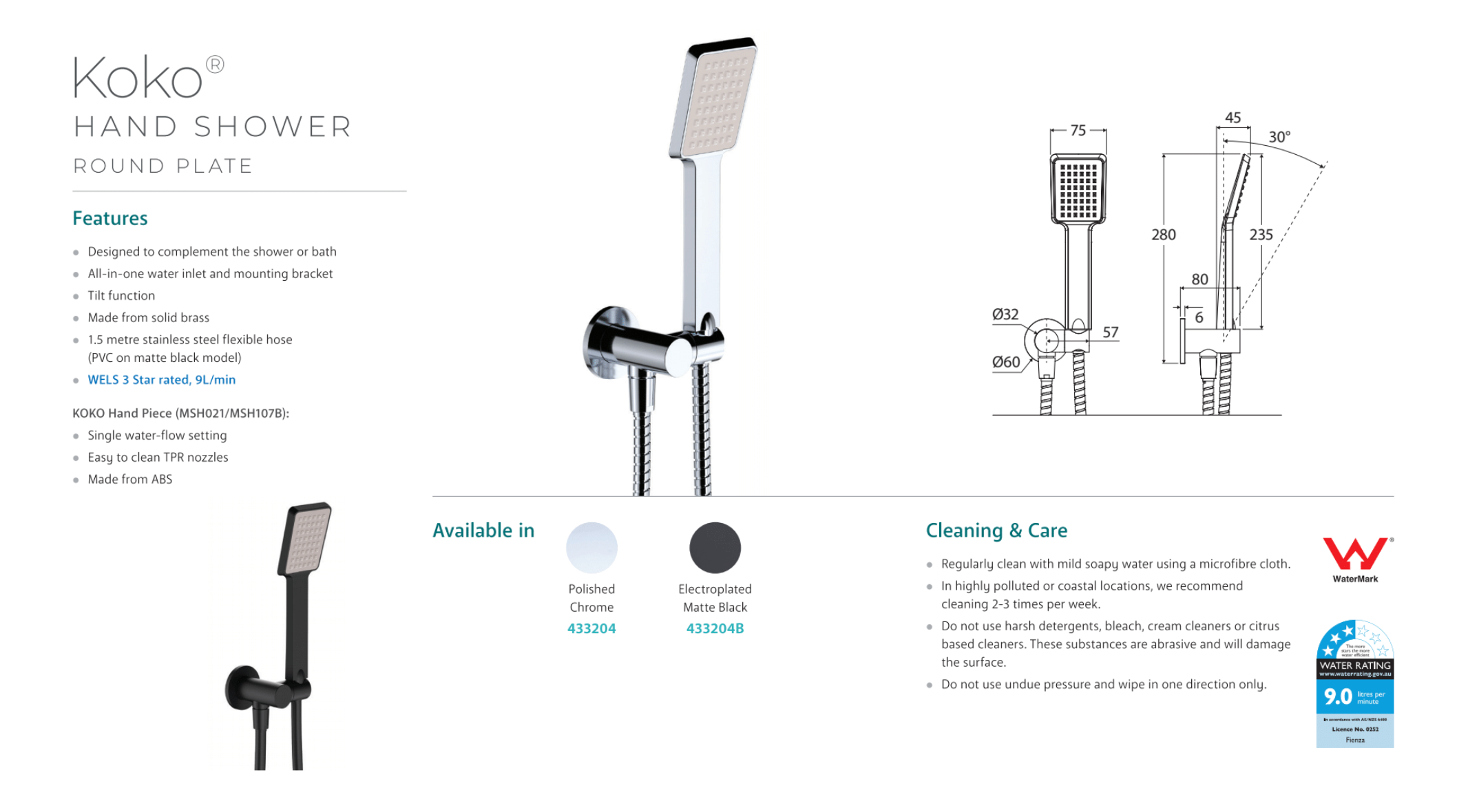 Fienza Koko Hand Shower Chrome - High Pressure Adjustable Shower Head with 5 Spray Modes for Bathroom, Spa & Relaxation at Home