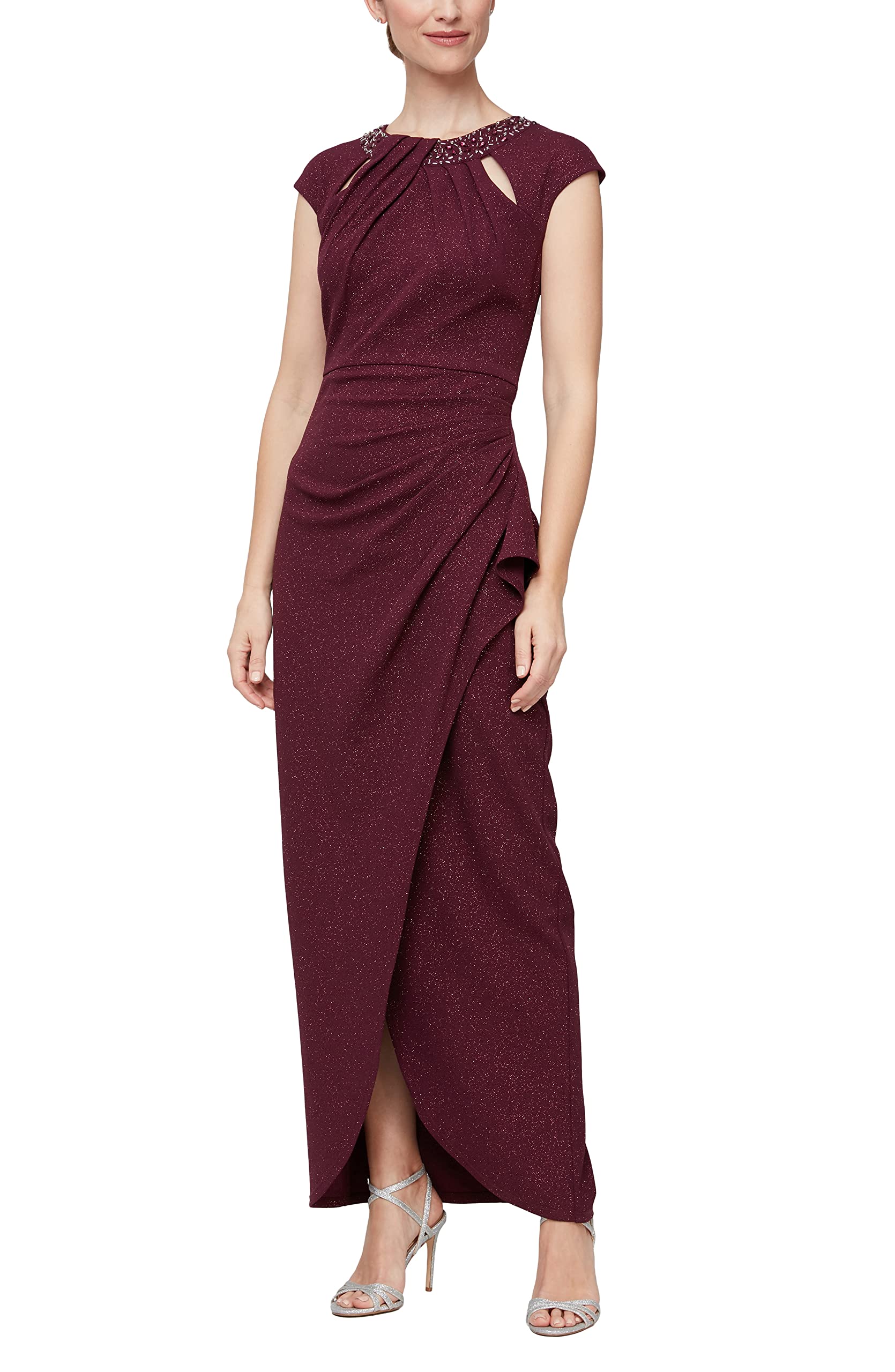 S.L. Fashions Women's Elegant Cap Sleeve Long Dress with Keyhole Neck & Ruched Waist - Perfect for Summer Weddings, Beach Vacations & Evening Parties