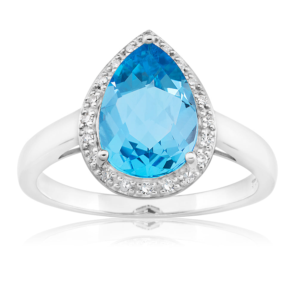 9ct White Gold Blue Topaz & Diamond Ring for Women - Elegant Evening Wear & Special Occasion Jewelry Gift